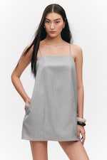 Light Grey - Pinstripe - Tie-Back Twill Mini Dress - 0