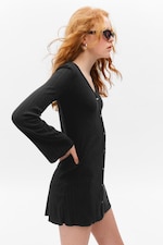 Black - Long-Sleeved V-neck Mini Dress - 2