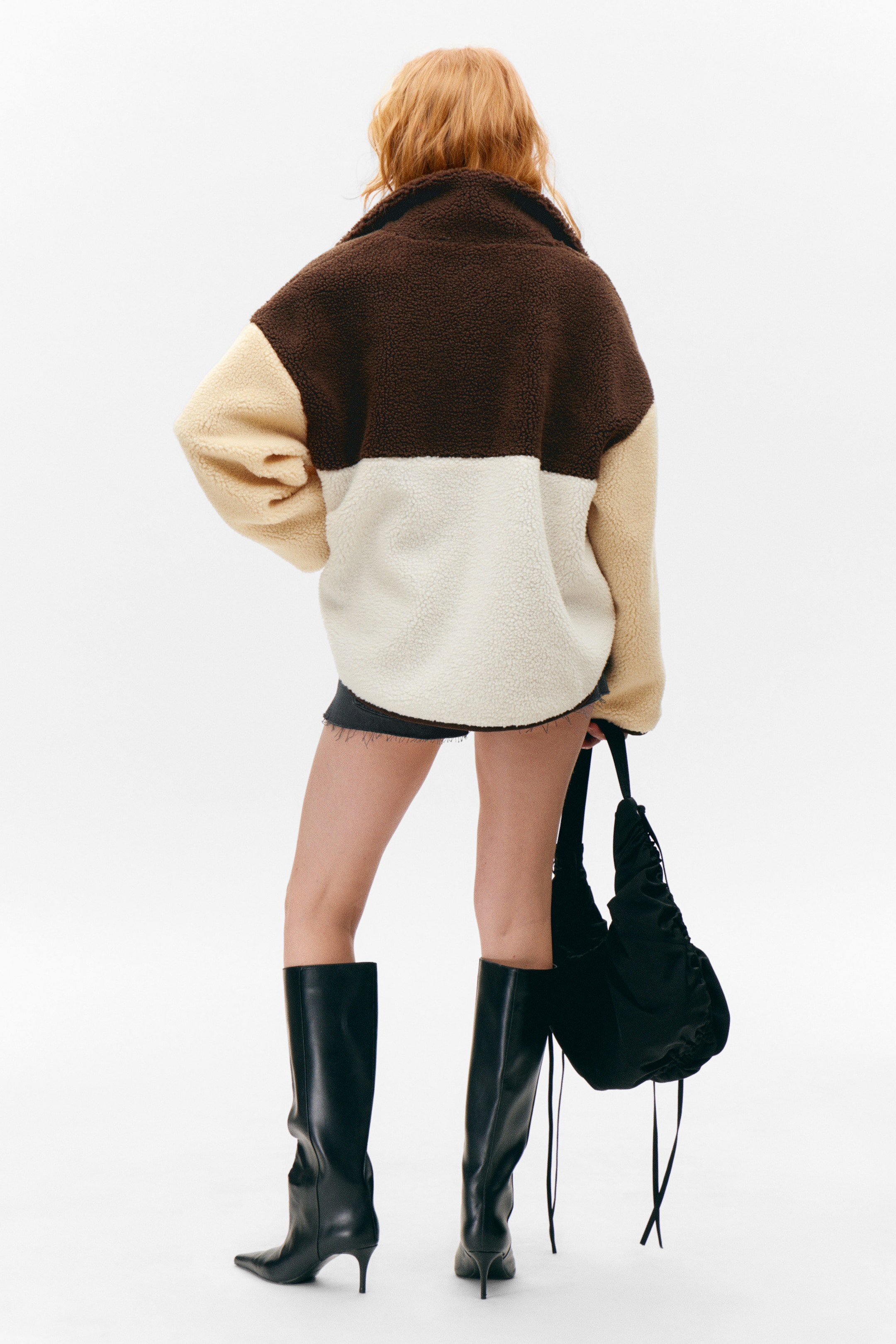 Brown/White/Yellow - Loose Fleece Zip Jacket - 3