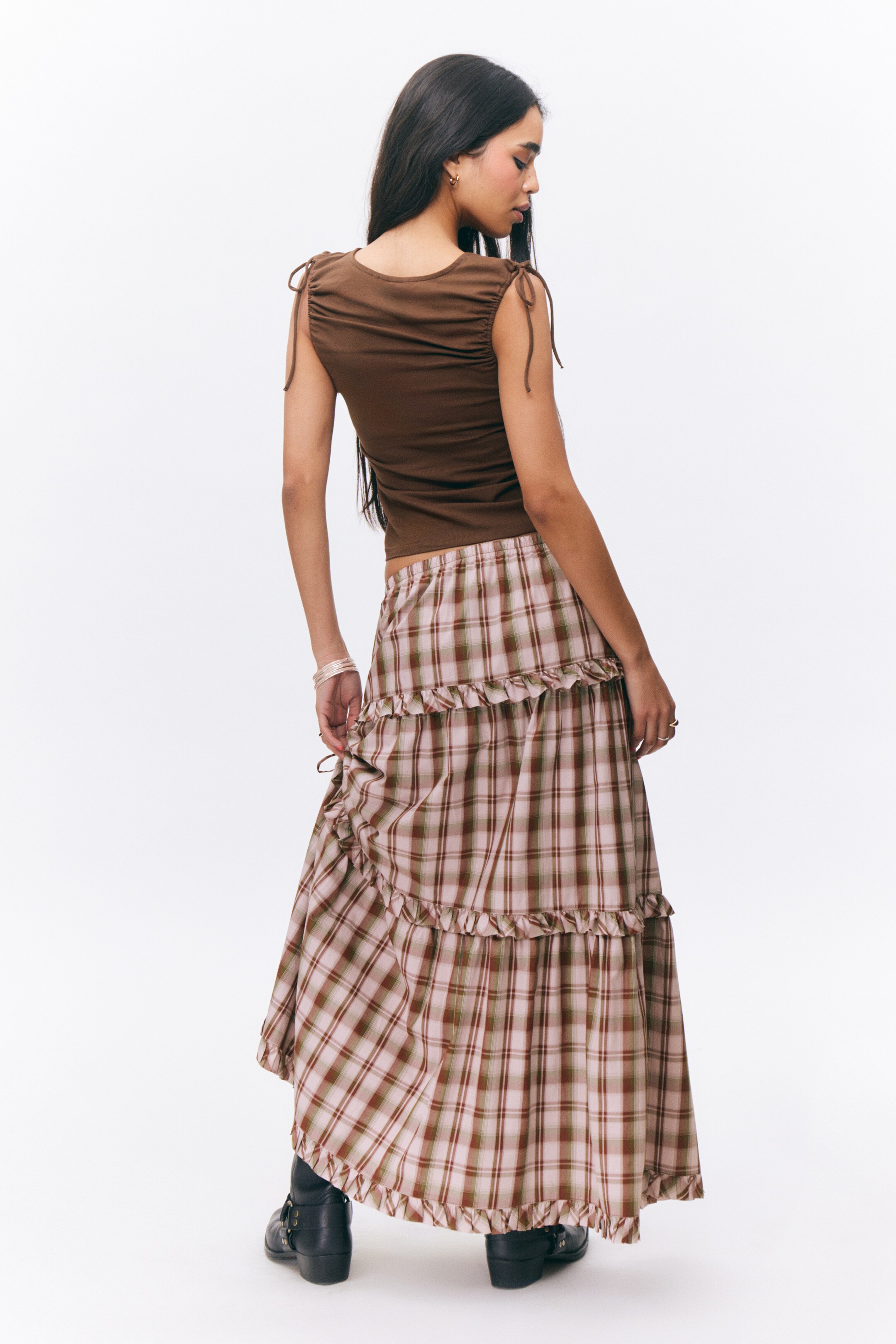 Visa större bild: Maxikjol med volang i bomull - Rutig rosa - DAM | H&M SE 4