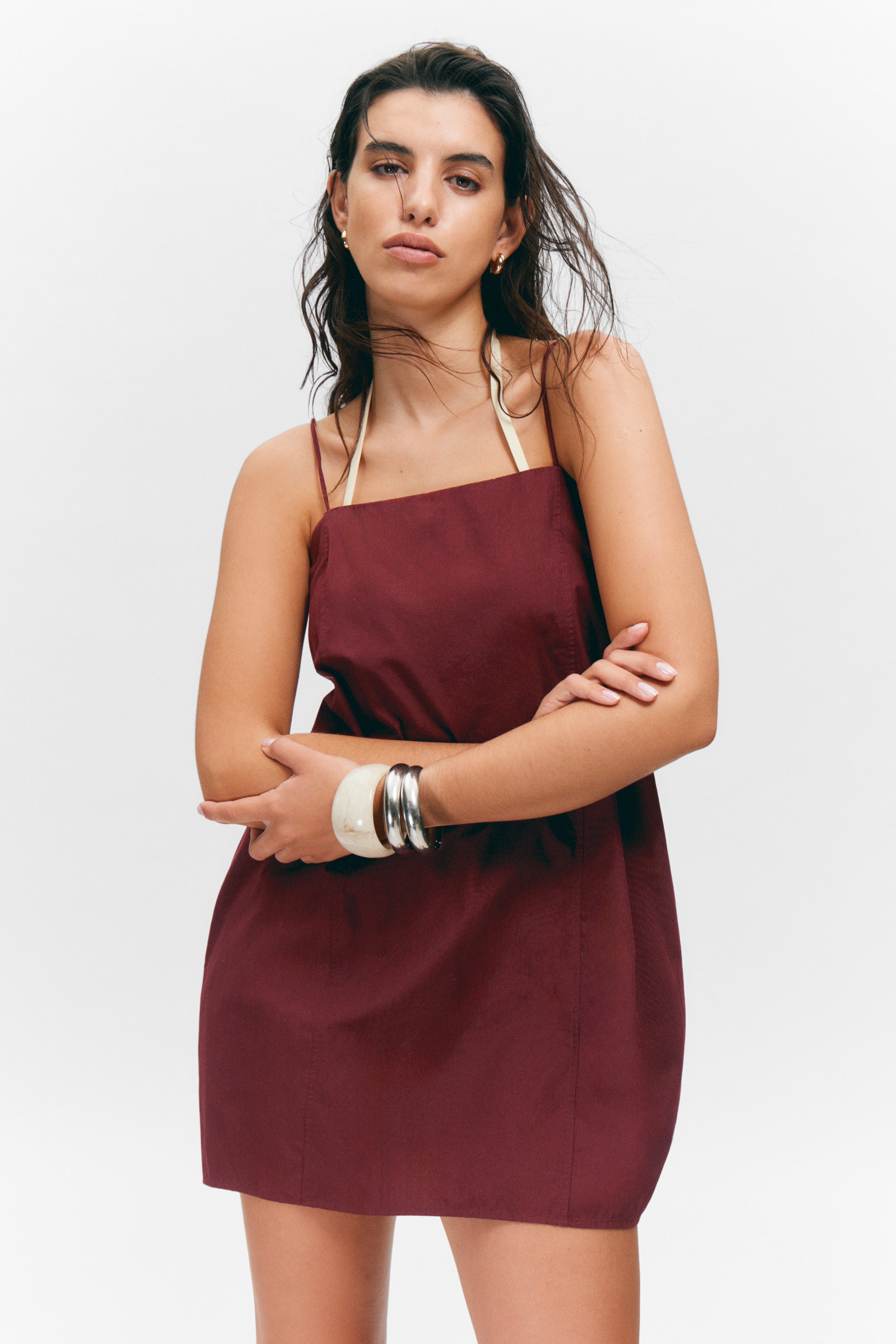 Burgundy - Tie-Back Twill Mini Dress - 2