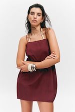 Burgundy - Tie-Back Twill Mini Dress - 1