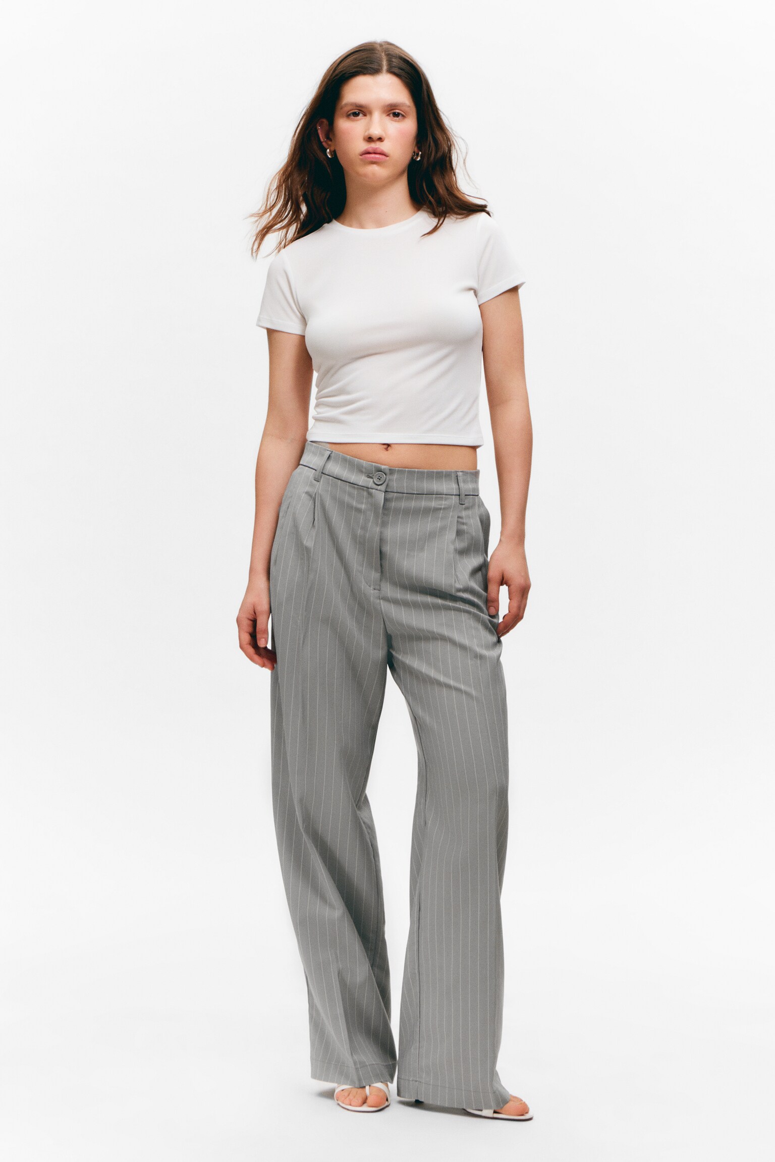 Wide Leg Trousers - Striped Grey/Black/Dark grey