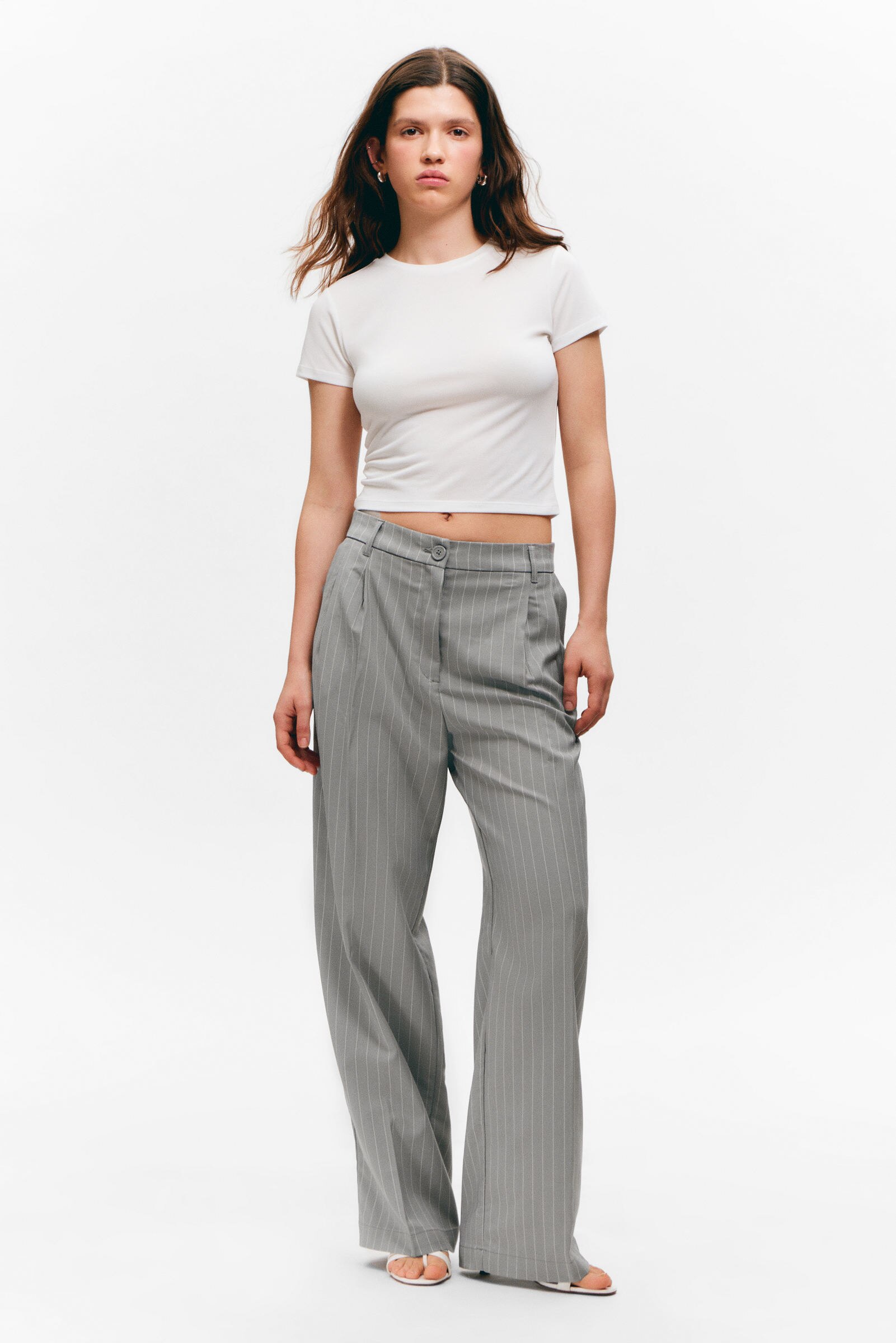 wide leg trousers - Striped Grey | Monki WW