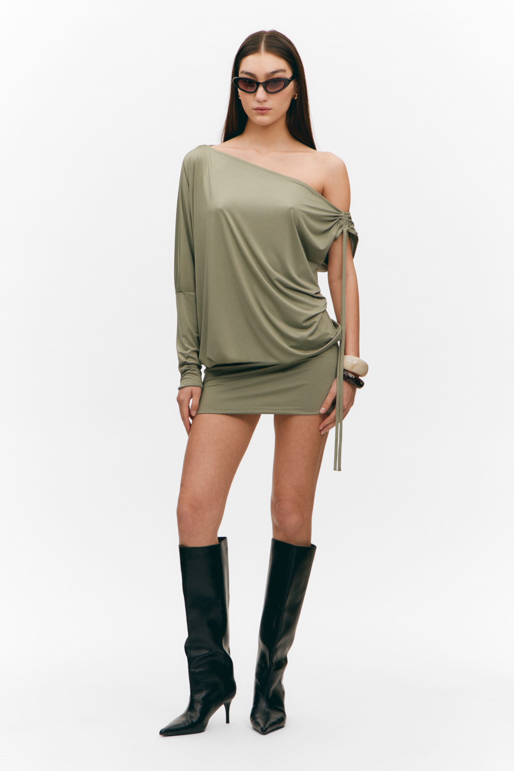 Khaki Green - Draped Jersey One-Sleeved Dress - 1