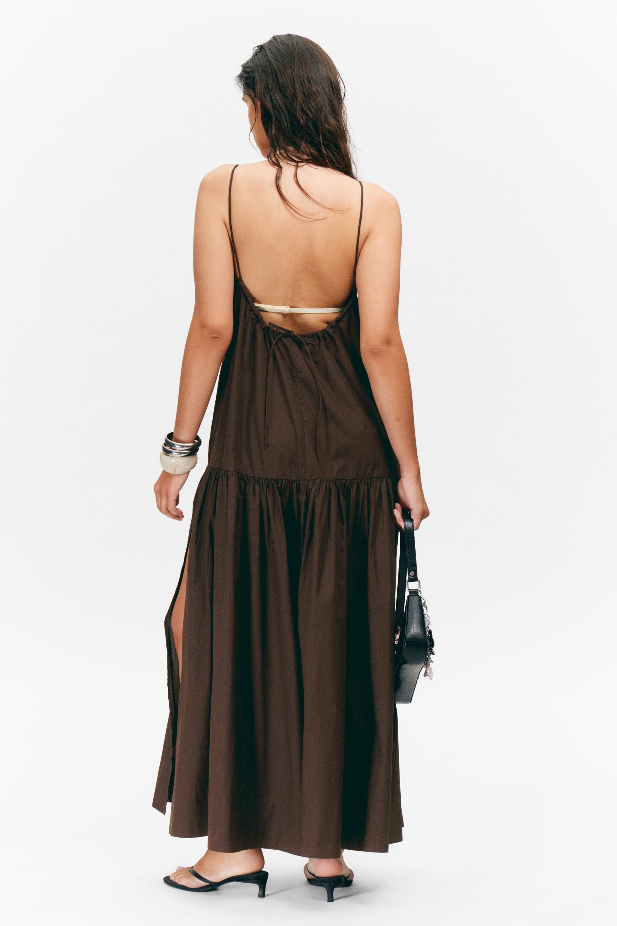 Dark Brown - Tiered Cotton Poplin Maxi Dress - 2