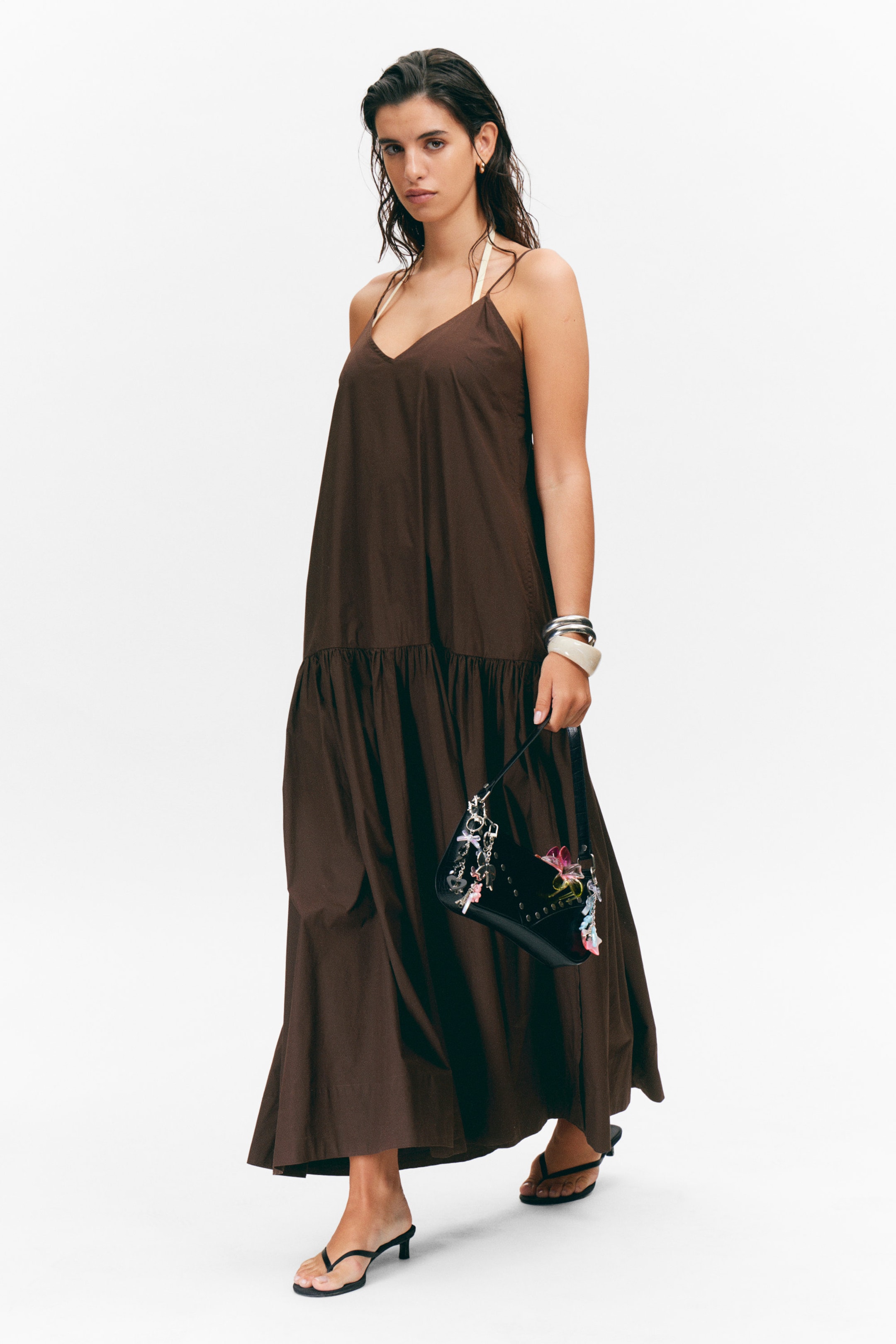 Dark Brown - Tiered Cotton Poplin Maxi Dress - 1
