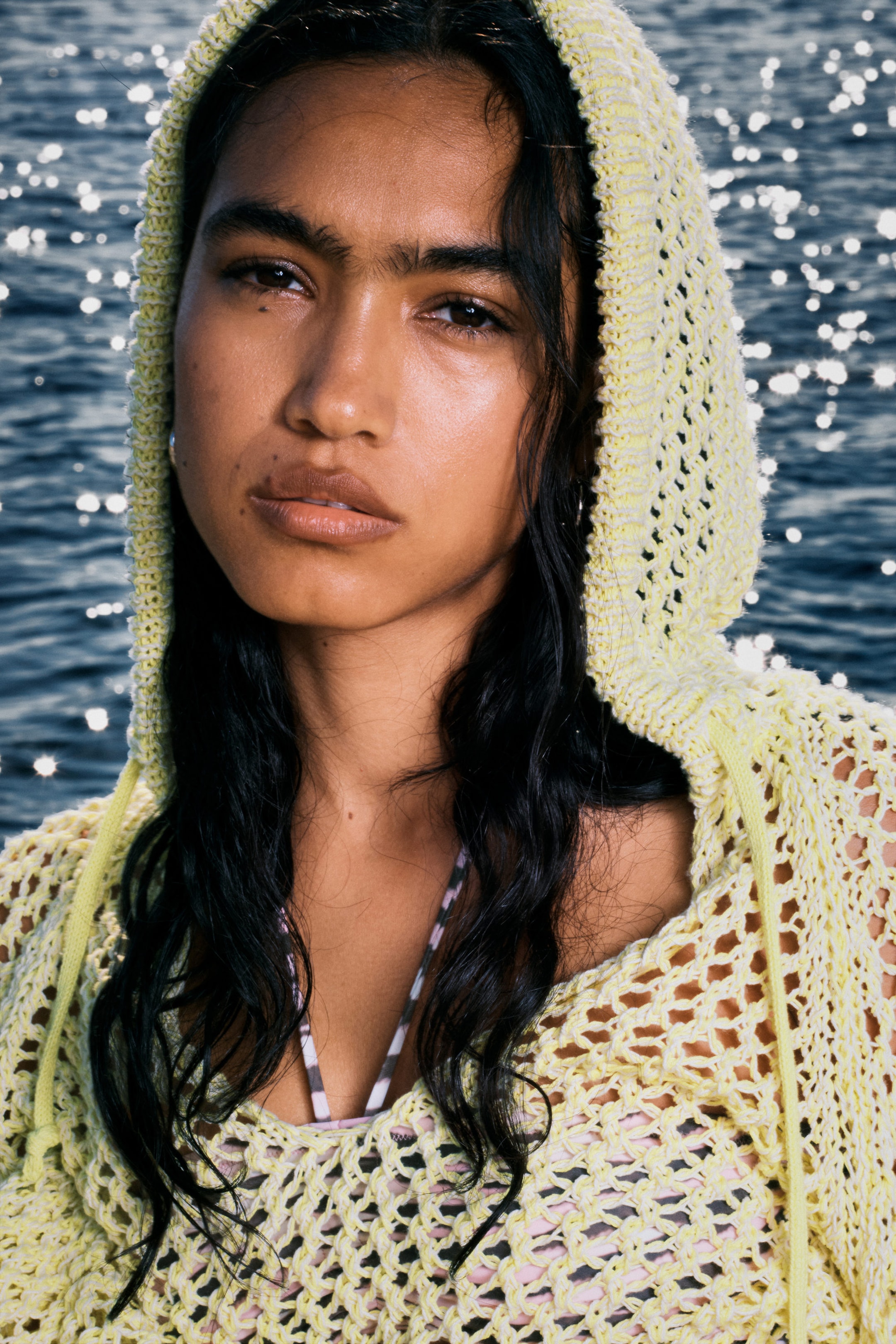 Light Yellow - Open-knit Hooded Sweater - 2