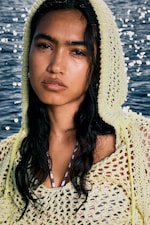 Light Yellow - Open-knit Hooded Sweater - 1