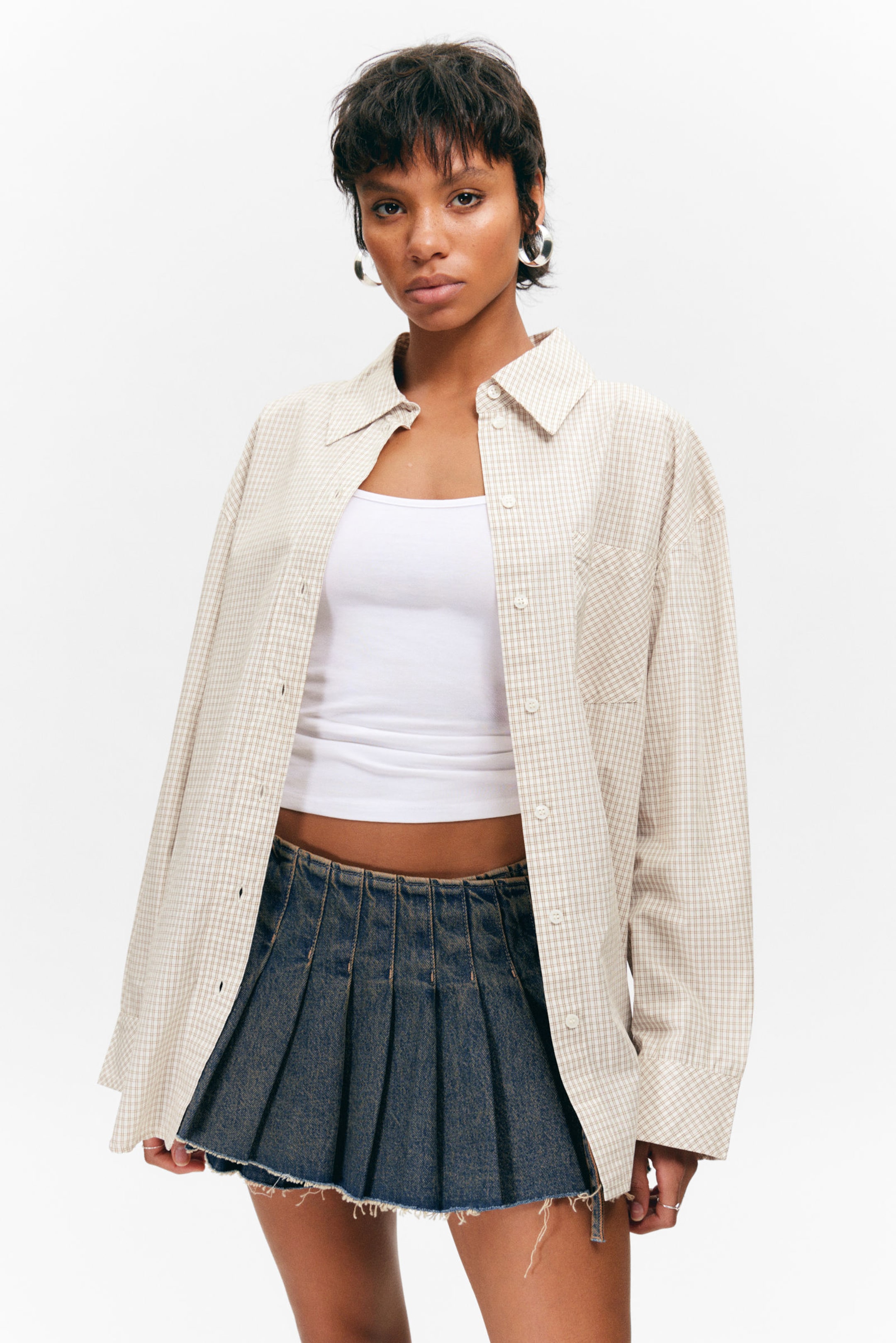 Checked Light Beige - Long-Sleeved Oversized Poplin Shirt - 1