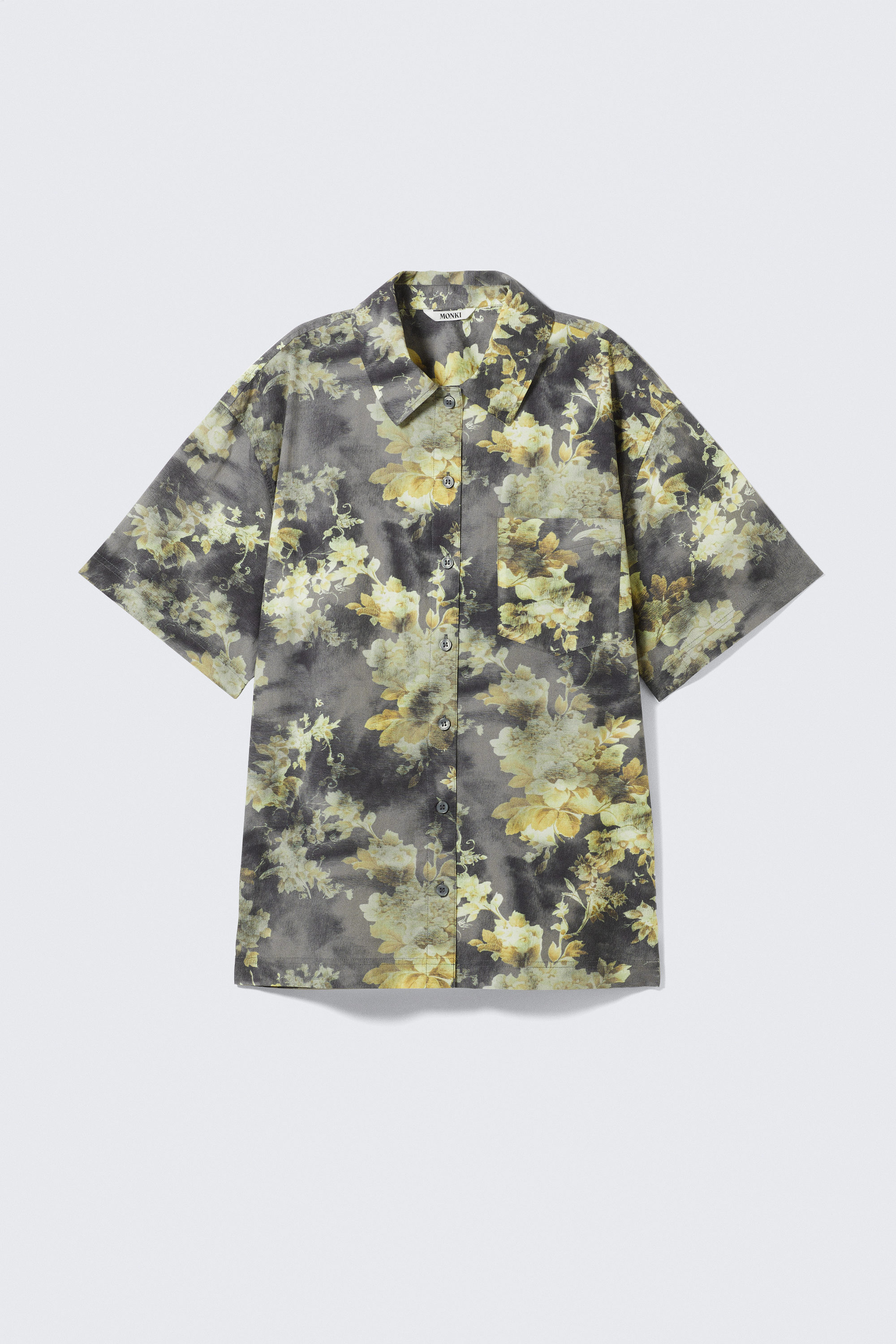 Dunkelgrau - Schmutzige Blumen - Kurzärmliges Oversized-Hemd aus Baumwollpopeline - 4
