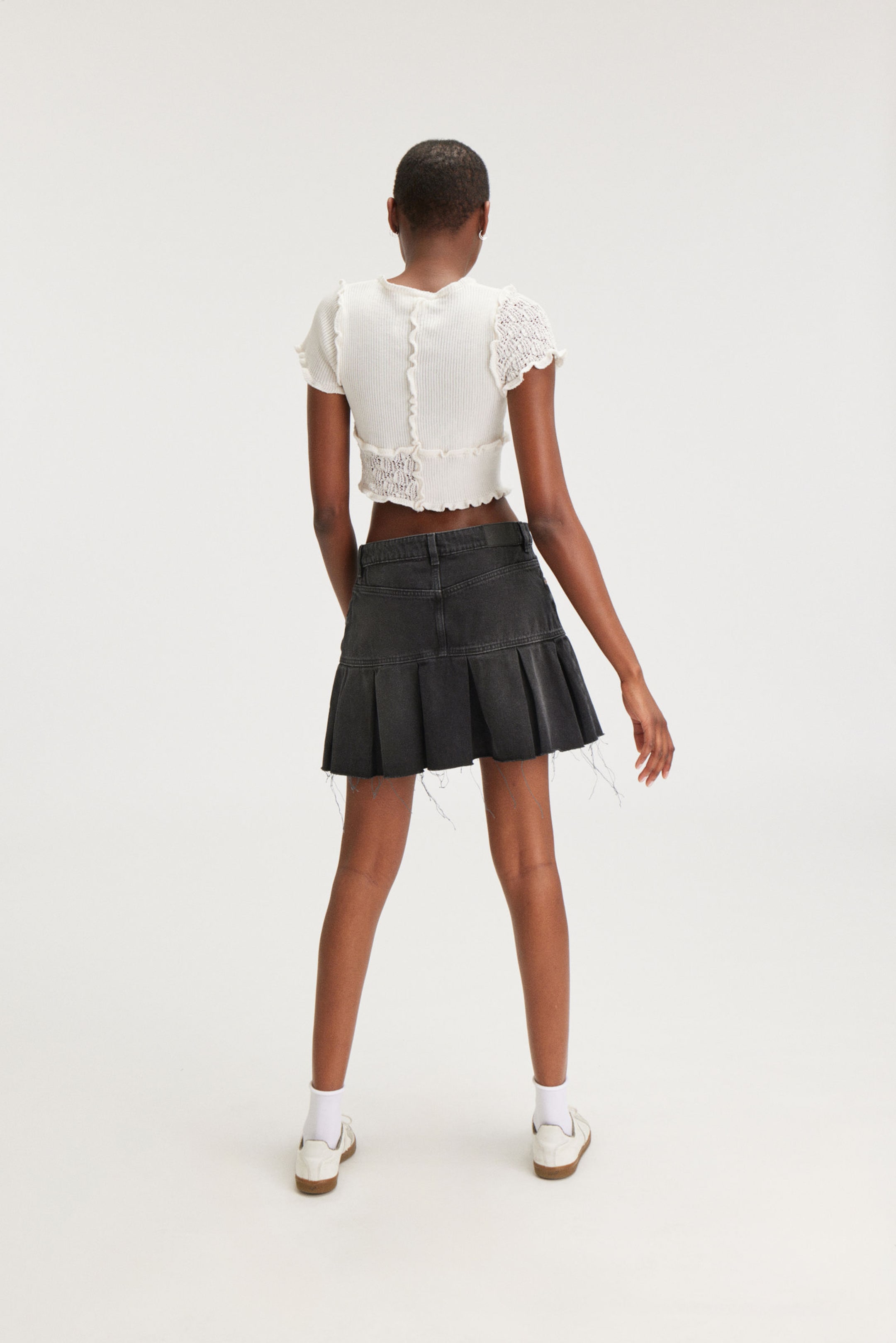 Washed Black - Pleated Mini Denim Skirt - 2