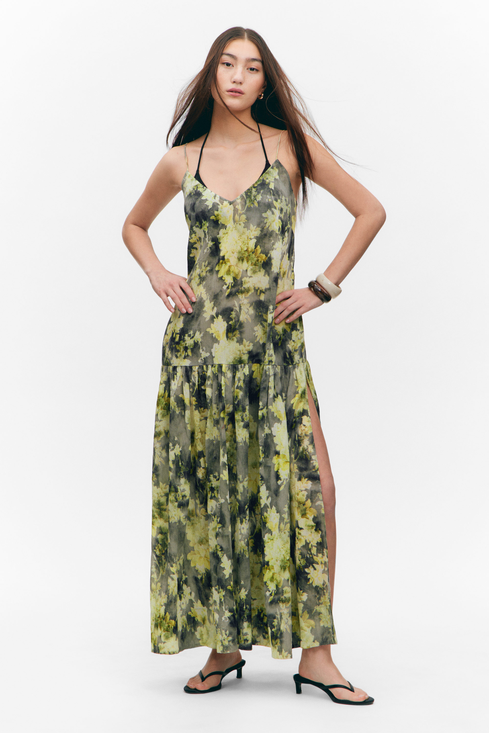 Grey - Dirty Floral - Tiered Printed Cotton Maxi Dress - 1