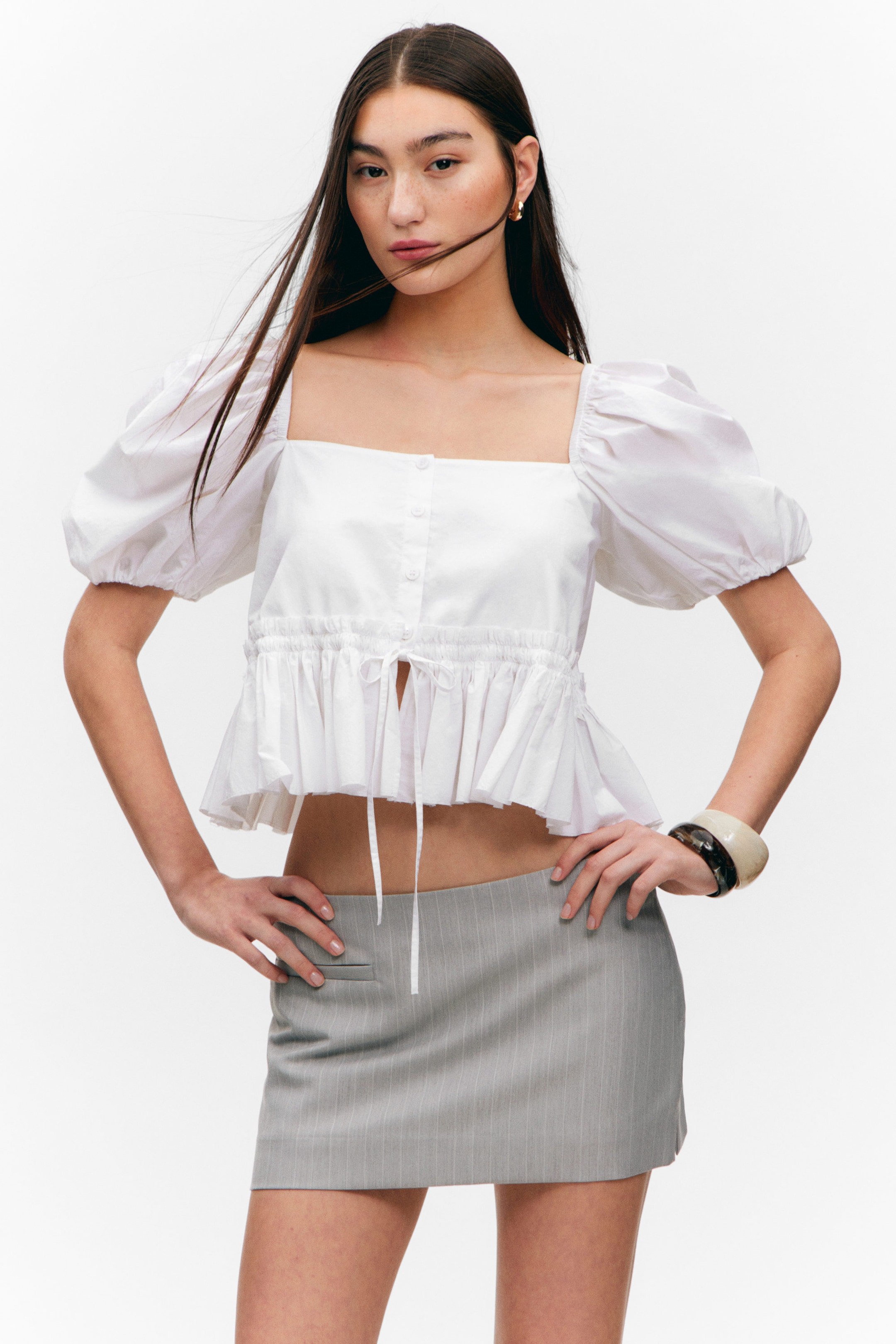 Light Grey - Pinstripe - Low Waisted Mini Suiting Skirt - 1