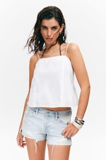 Blanc - Top en popeline avec lien de serrage - 0