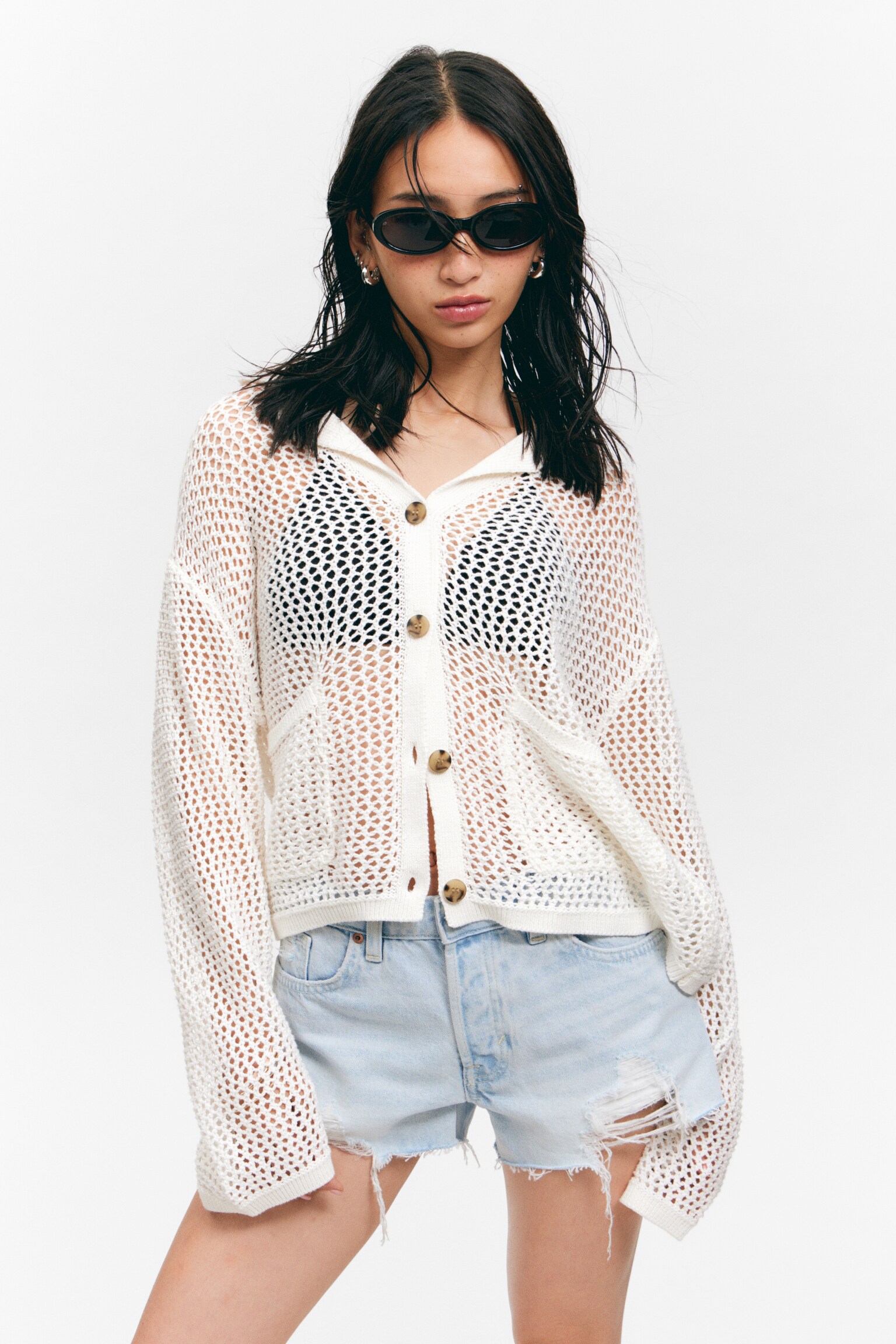 Open-Knit Button-Up Cardigan - Dusty White/Black - 6