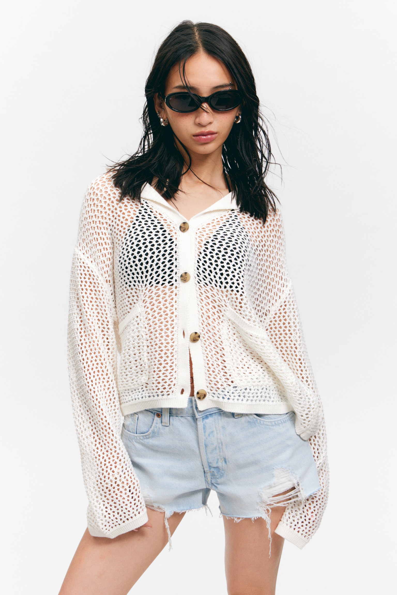 Open-Knit Button-Up Cardigan - Dusty White/Black - 6