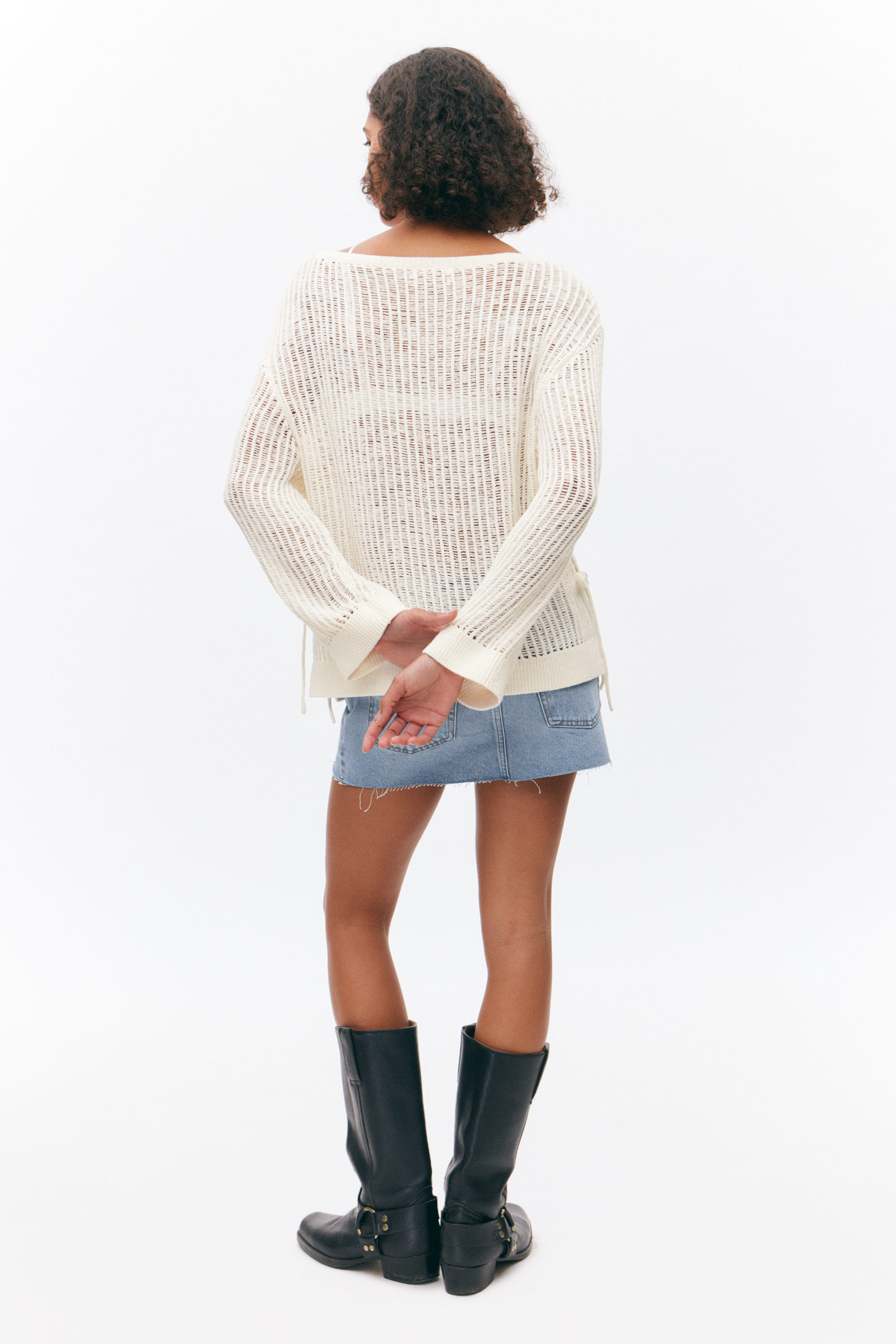 White - Loose Open-Knit Side Slit Sweater - 2