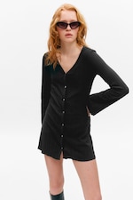 Black - Long-Sleeved V-neck Mini Dress - 1