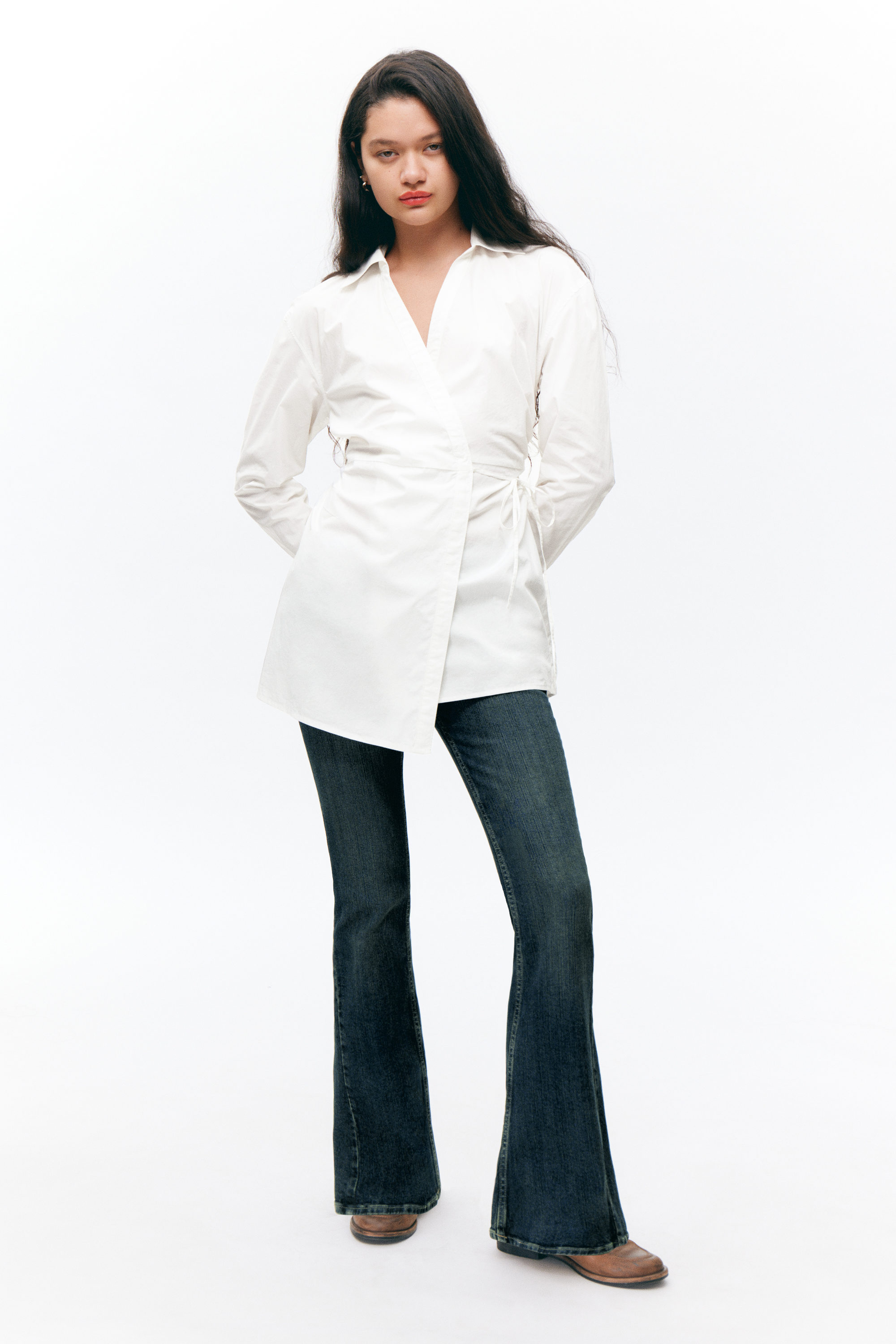 White - Long-Sleeved Mini Wrap Shirt Dress - 2