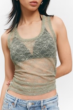Khaki Green - Sheer Lace Sleeveless Tank Top - 2