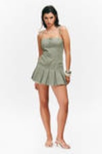 Light Khaki Green - Pleated Tie-Strap Mini Twill Dress - 0