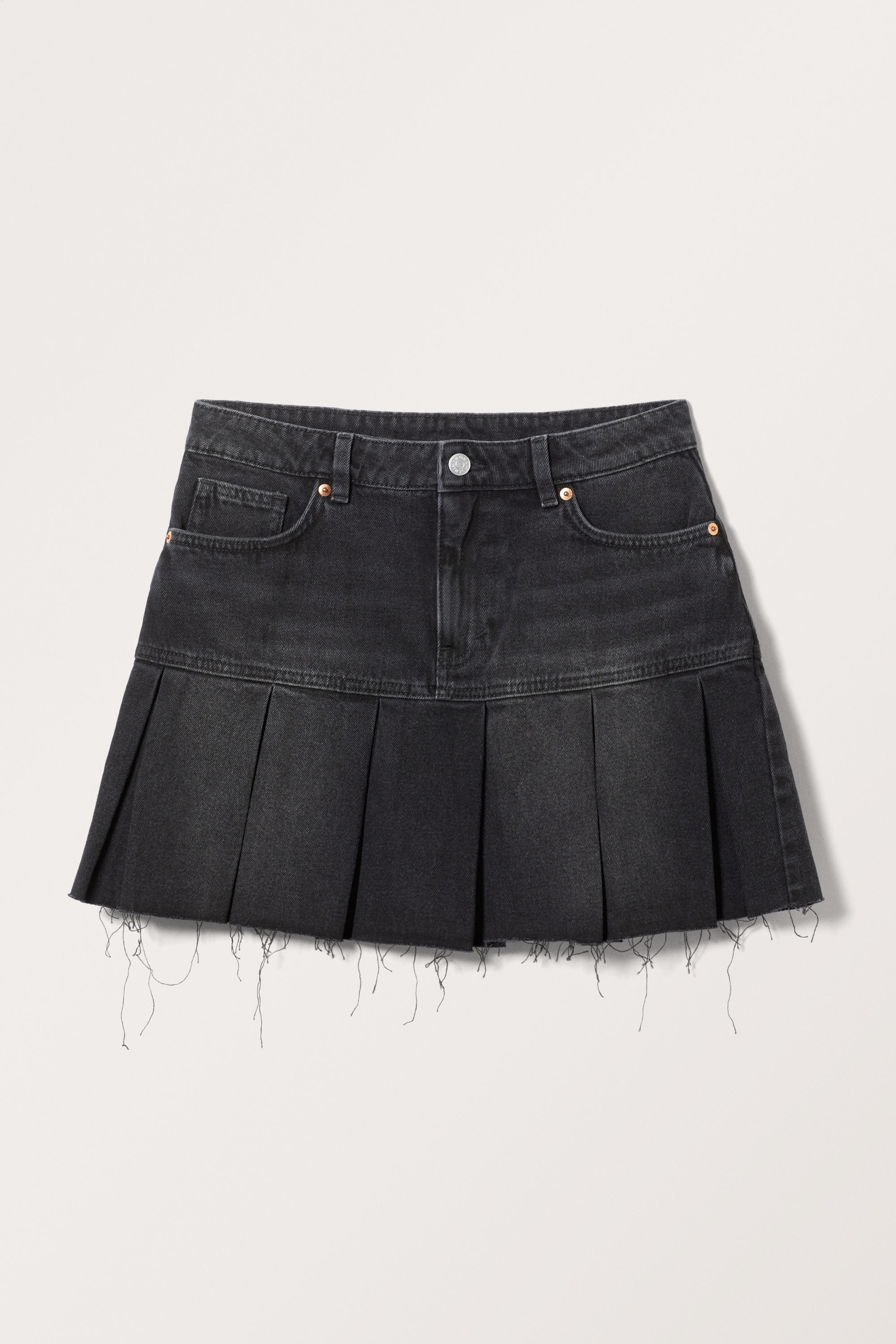 Washed Black - Pleated Mini Denim Skirt - 0