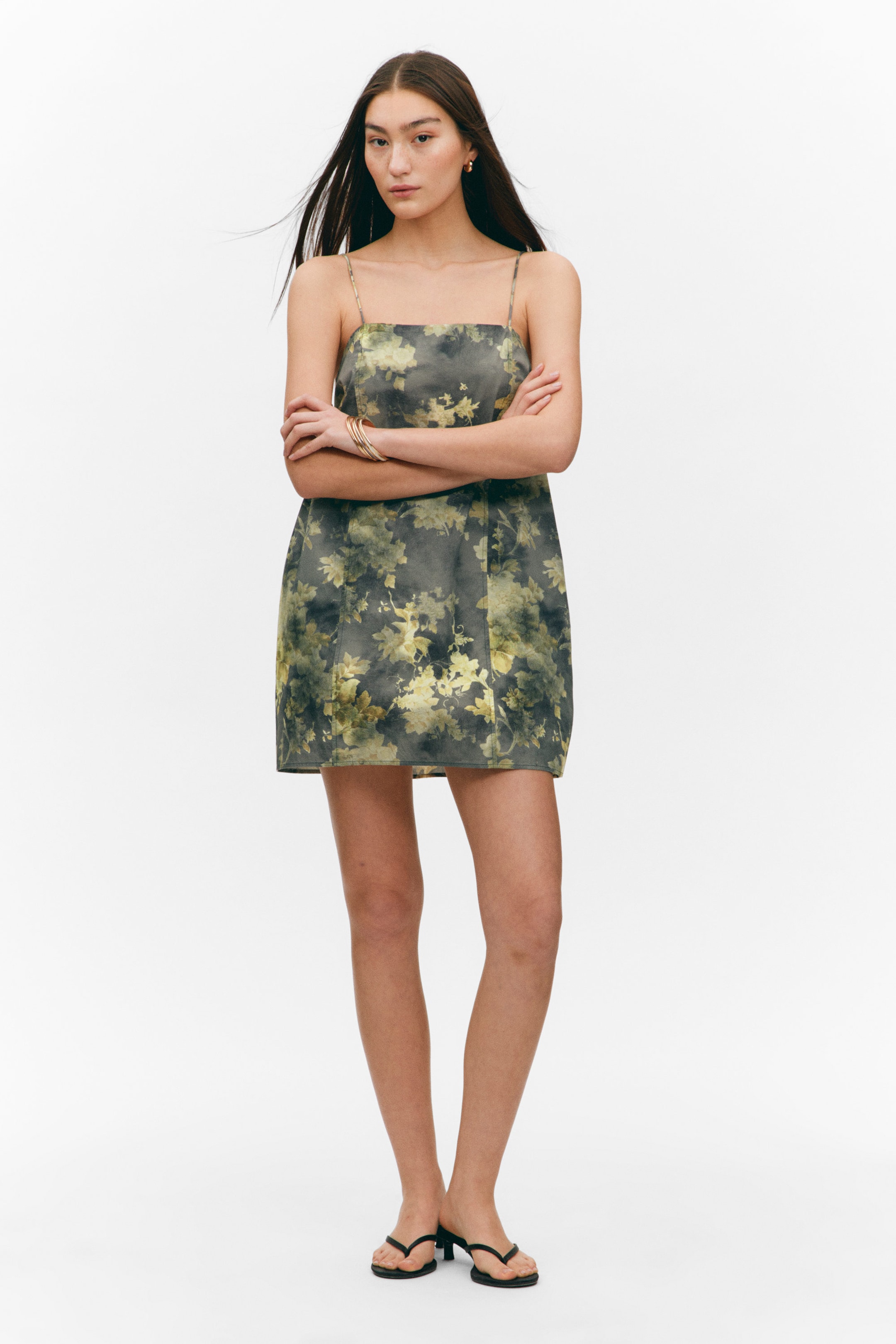 Grey - Dirty Floral - Tie-Back Twill Mini Dress - 1