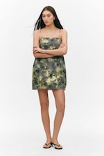 Grey - Dirty Floral - Tie-Back Twill Mini Dress - 0