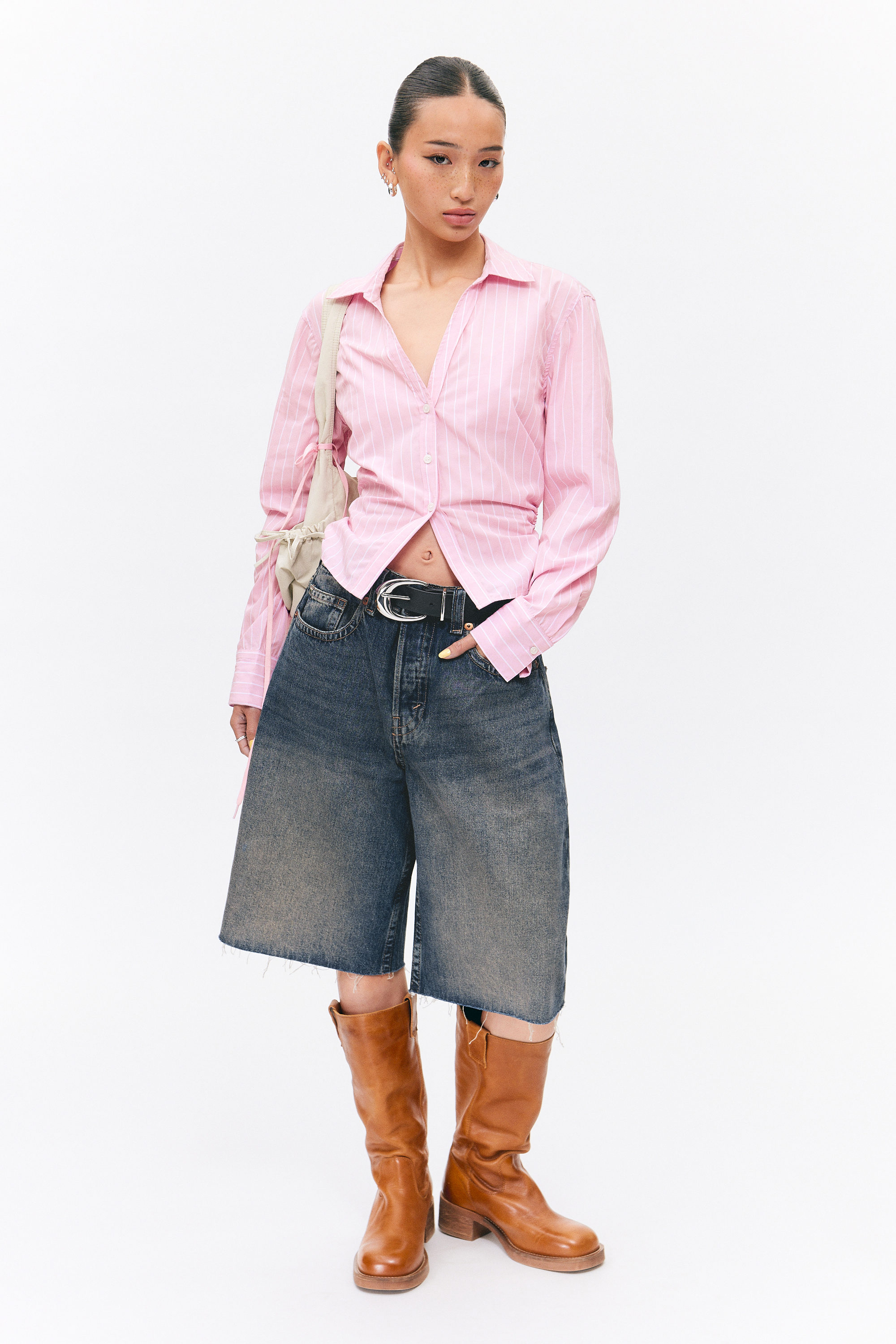 Gestreept roze - Cropped overhemd met open rug - 0