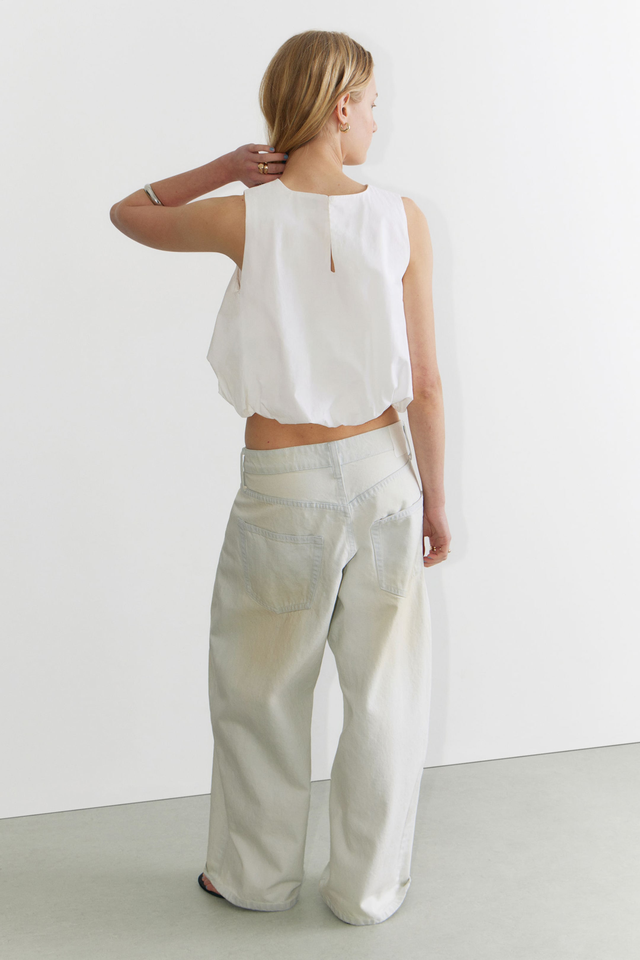 White - Balloon Hem Sleeveless Poplin Top - 2