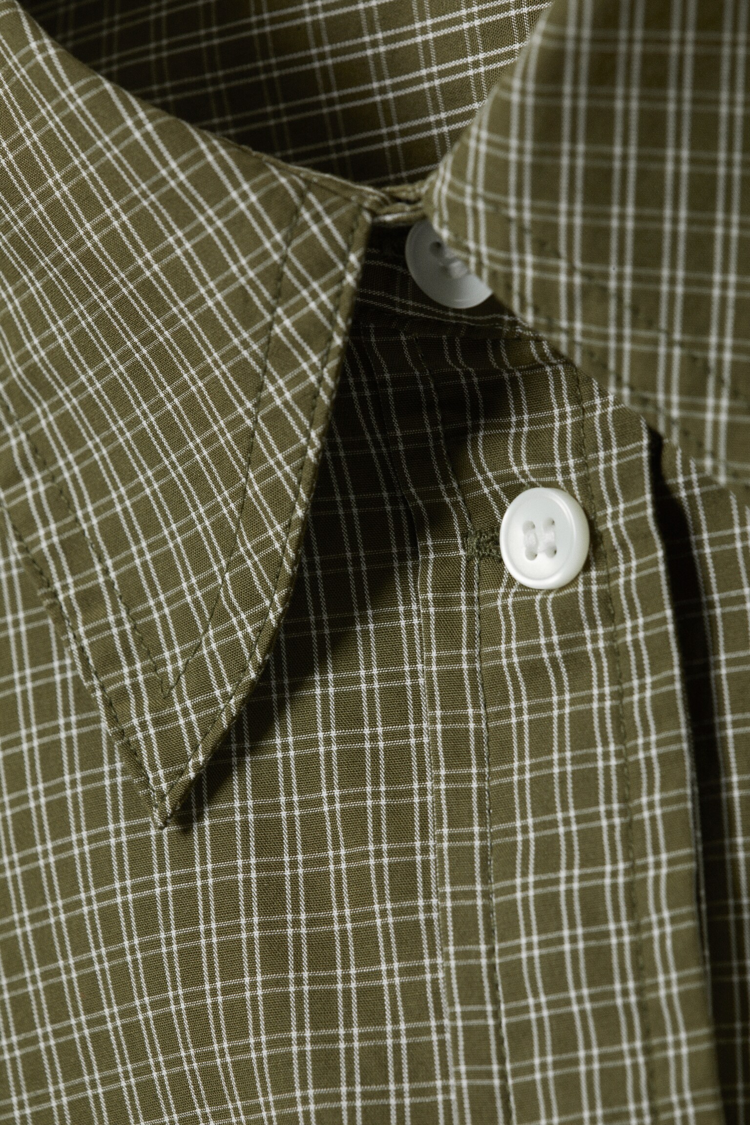 Cropped Loose Cargo Shirt - Checked Dark Khaki Green/Light Blue - 3