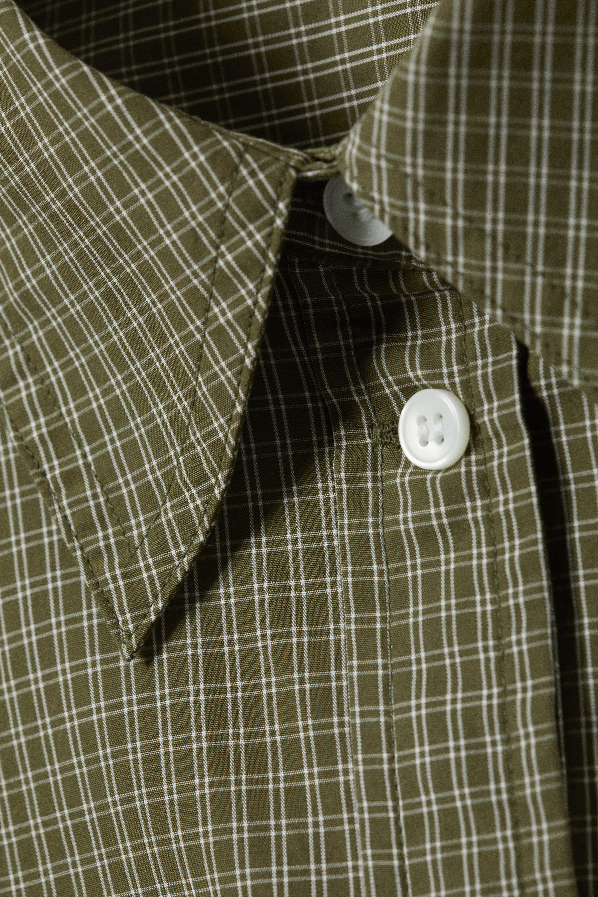Checked Dark Khaki Green - Cropped Loose Cargo Shirt - 5