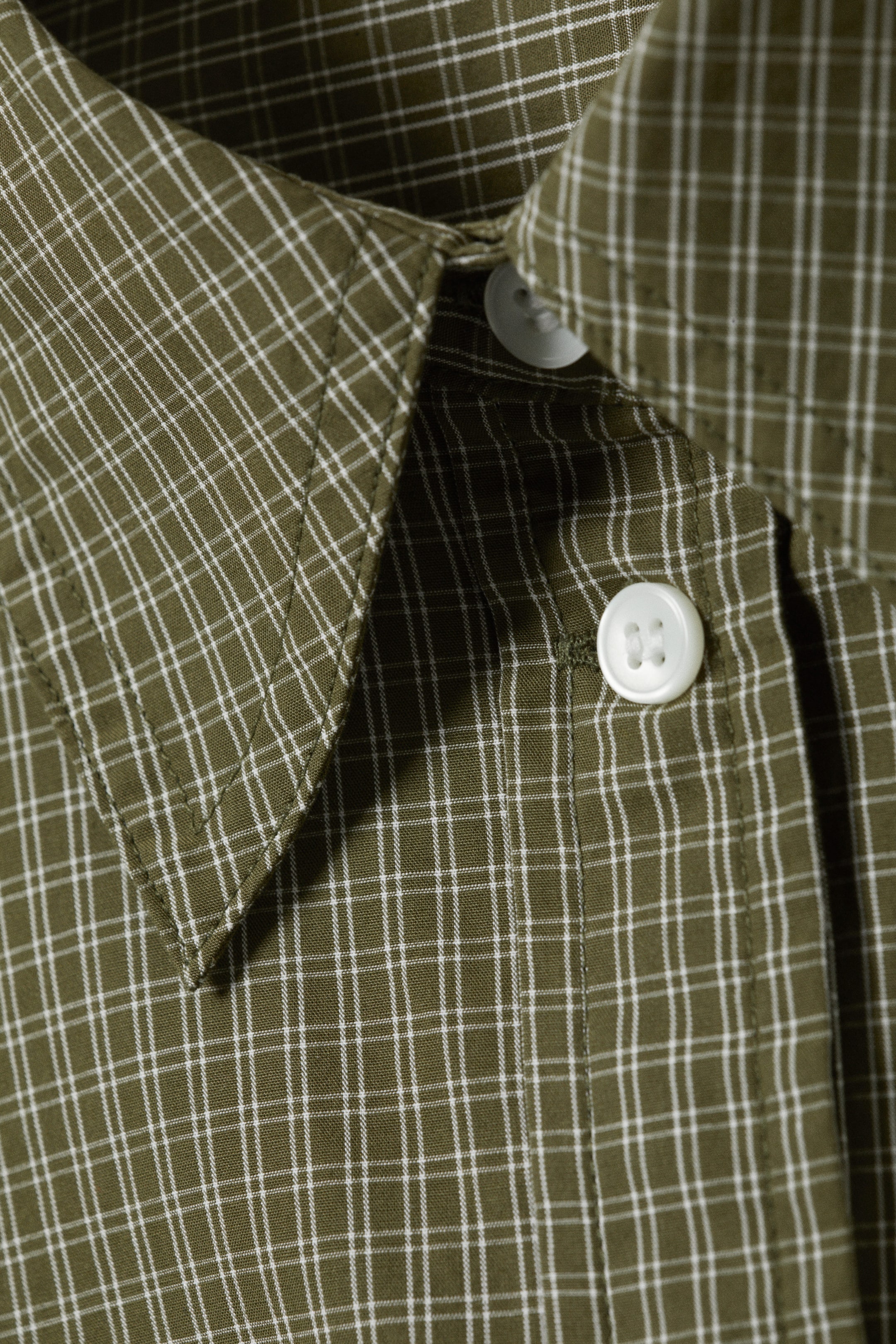 Checked Dark Khaki Green - Cropped Loose Cargo Shirt - 5