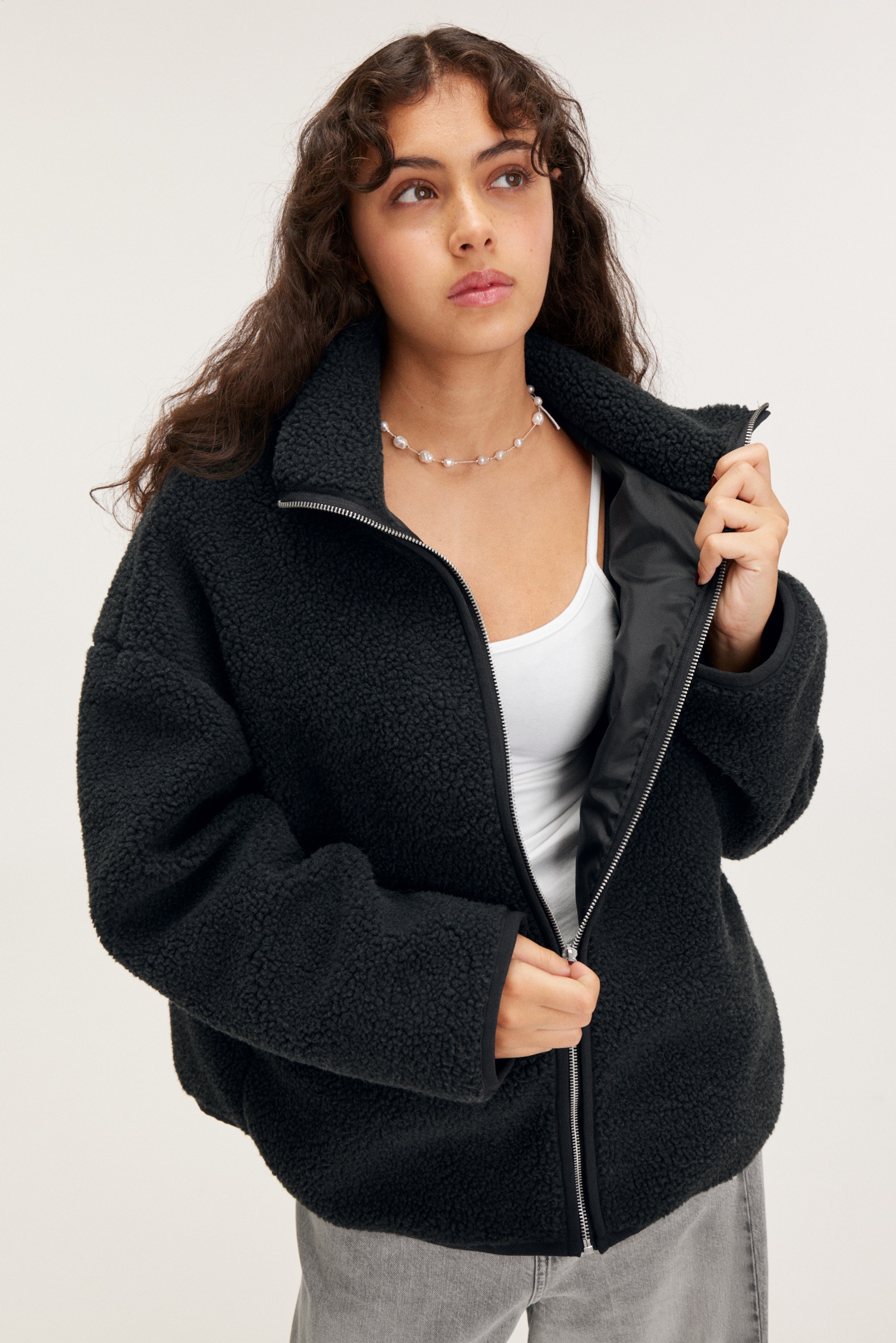 Loose Fleece Zip Jacket - Black/Brown/White/Yellow/Dusty White - Pink Lining/White/Khaki/Pink - 4