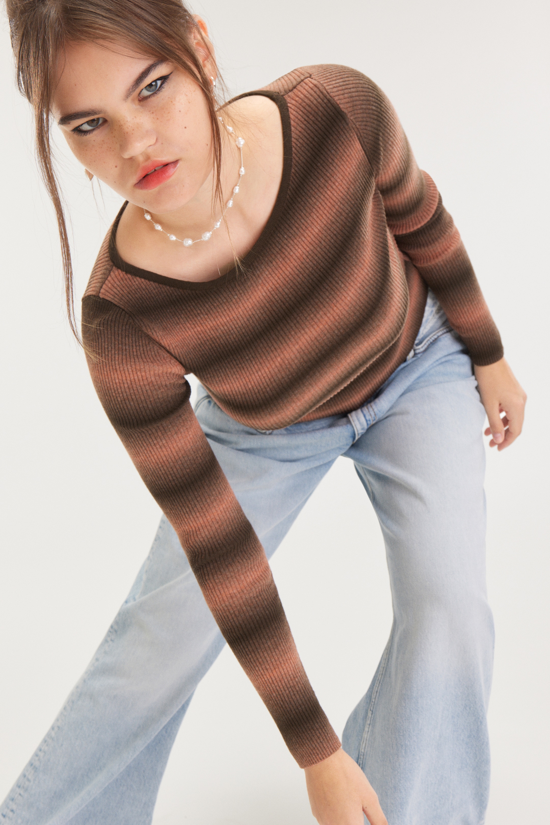 View larger image: Rib-Knit Long Sleeve Boatneck Top - Orange Brown - Ladies | H&M GB 1