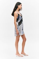 White Newspaper/Blue Flame - Lace-Trim A-line Mini Slip Dress - 2