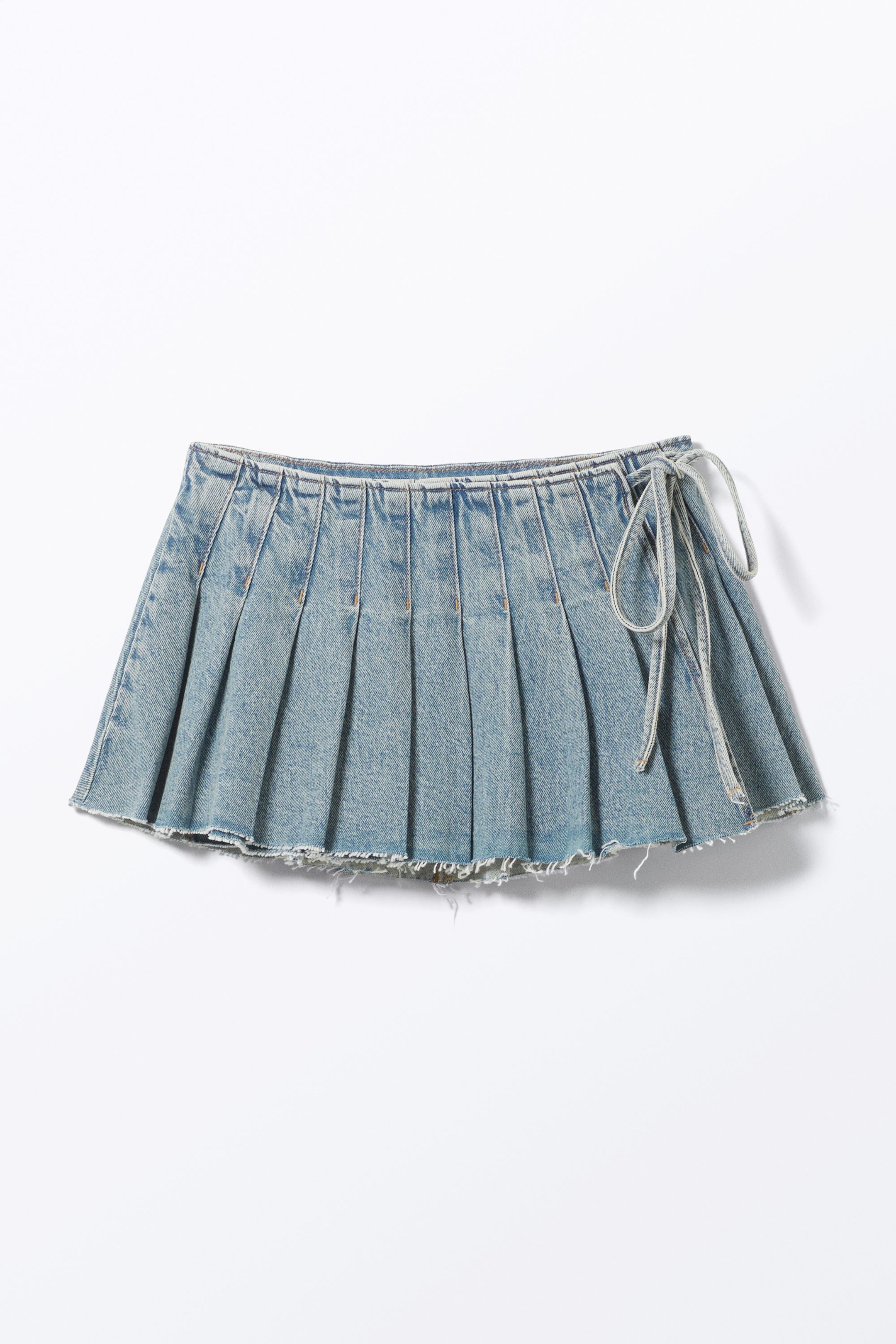 Mid Blue - Pleated Mini Denim Wrap Skirt - 0