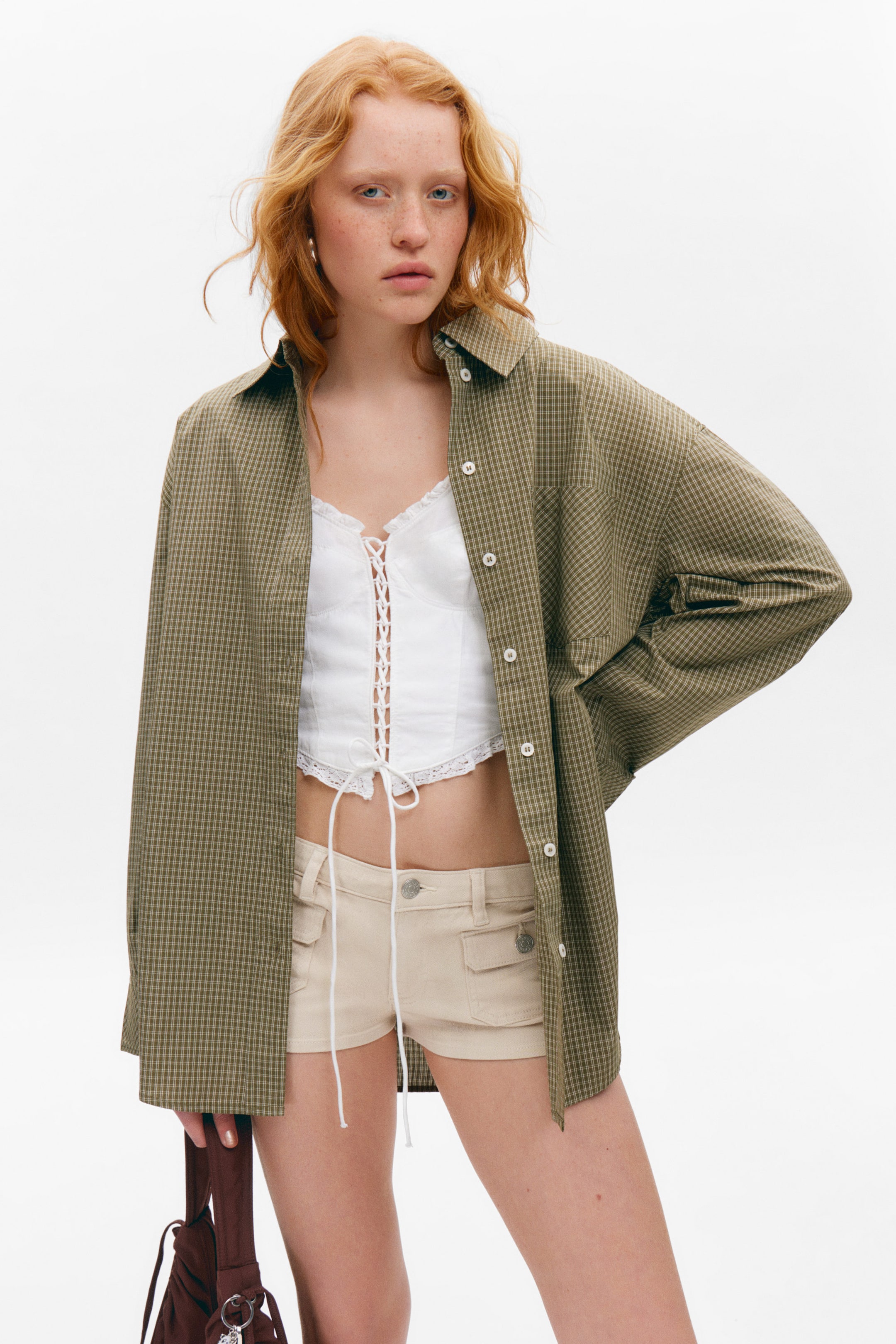 Checked Dark Khaki Green - Long-Sleeved Oversized Poplin Shirt - 0