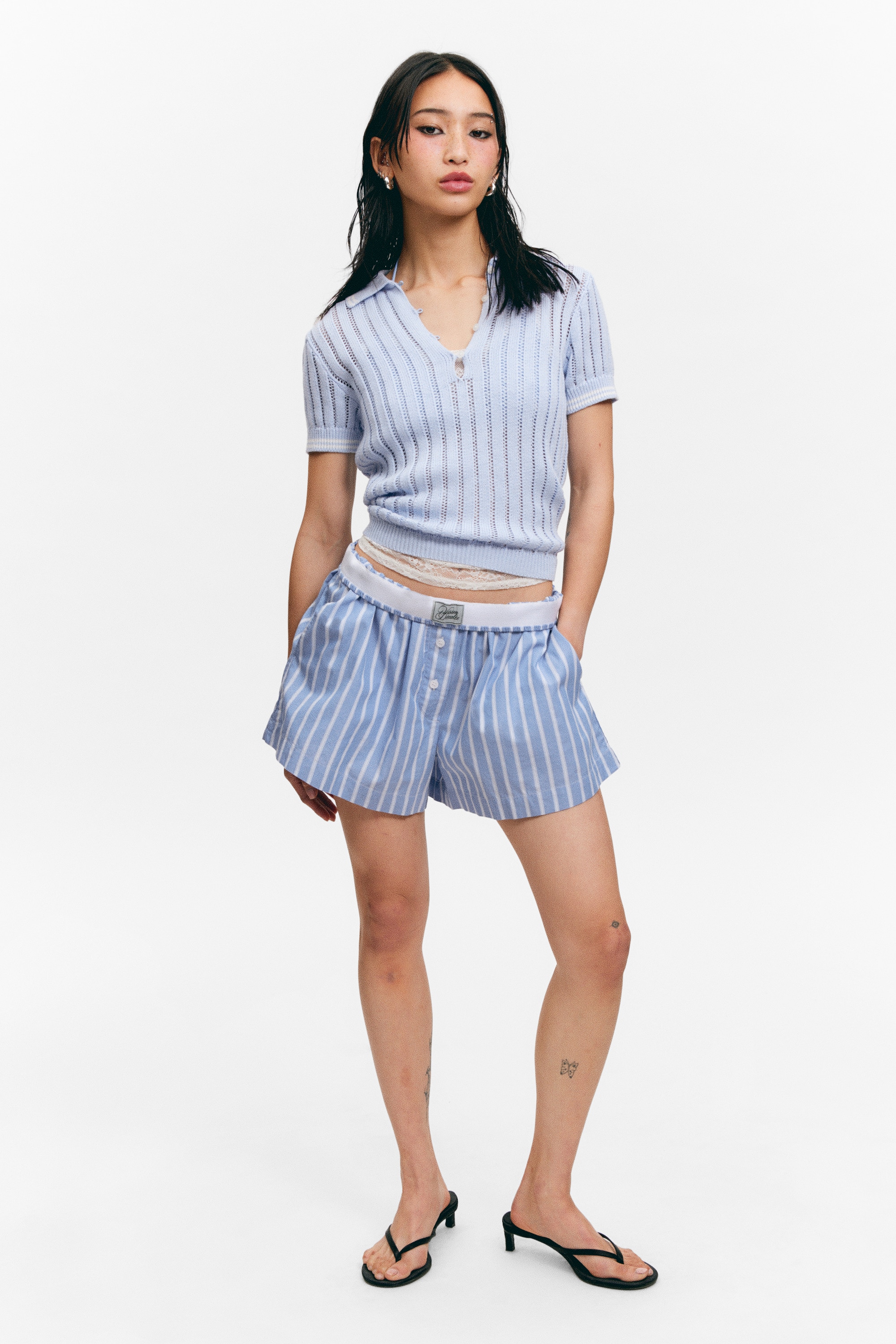 Relaxed Cotton Boxer Shorts - Striped Blue/White - Blue Check