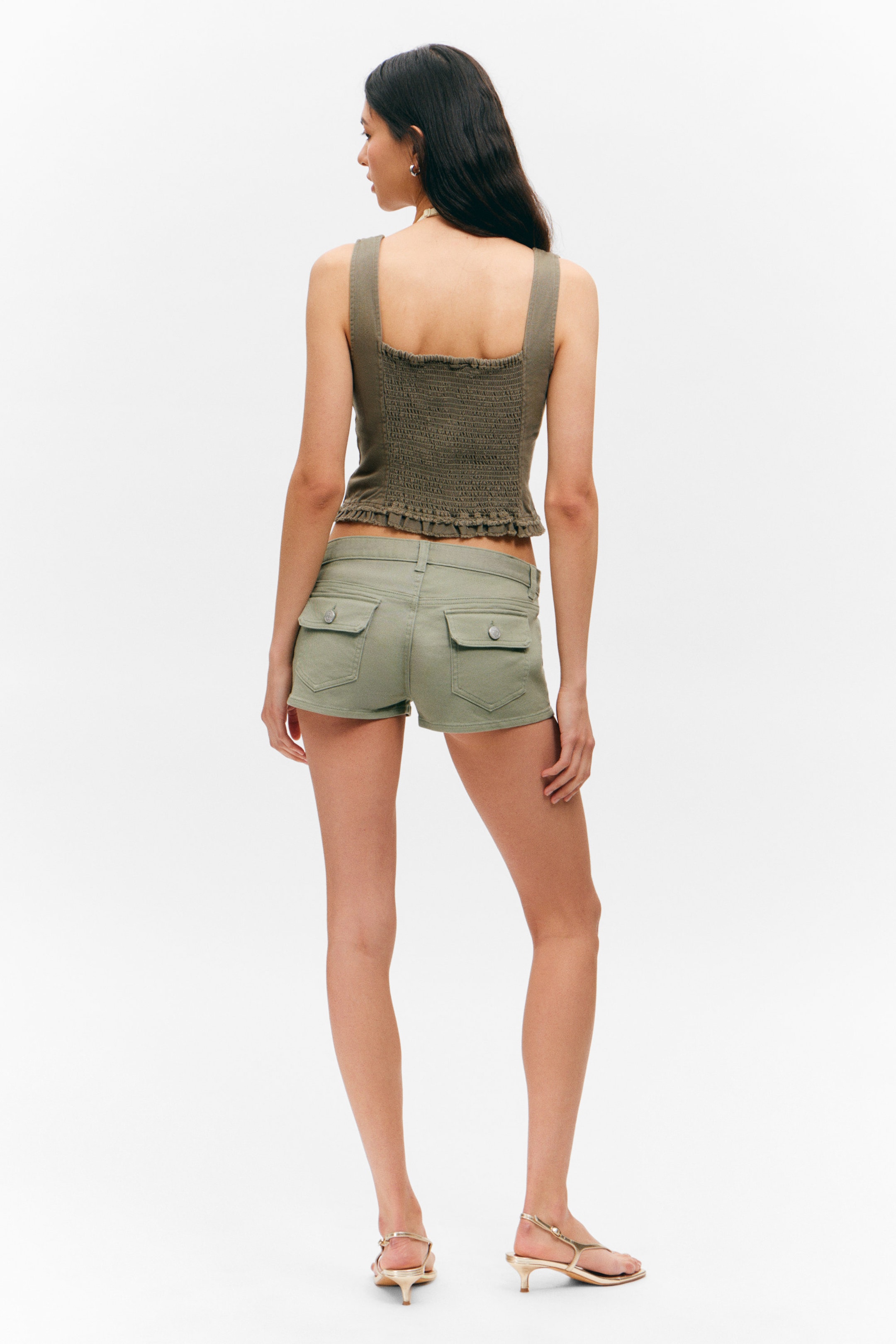 Khaki Green - Frill-Trim Twill Corset Top - 3