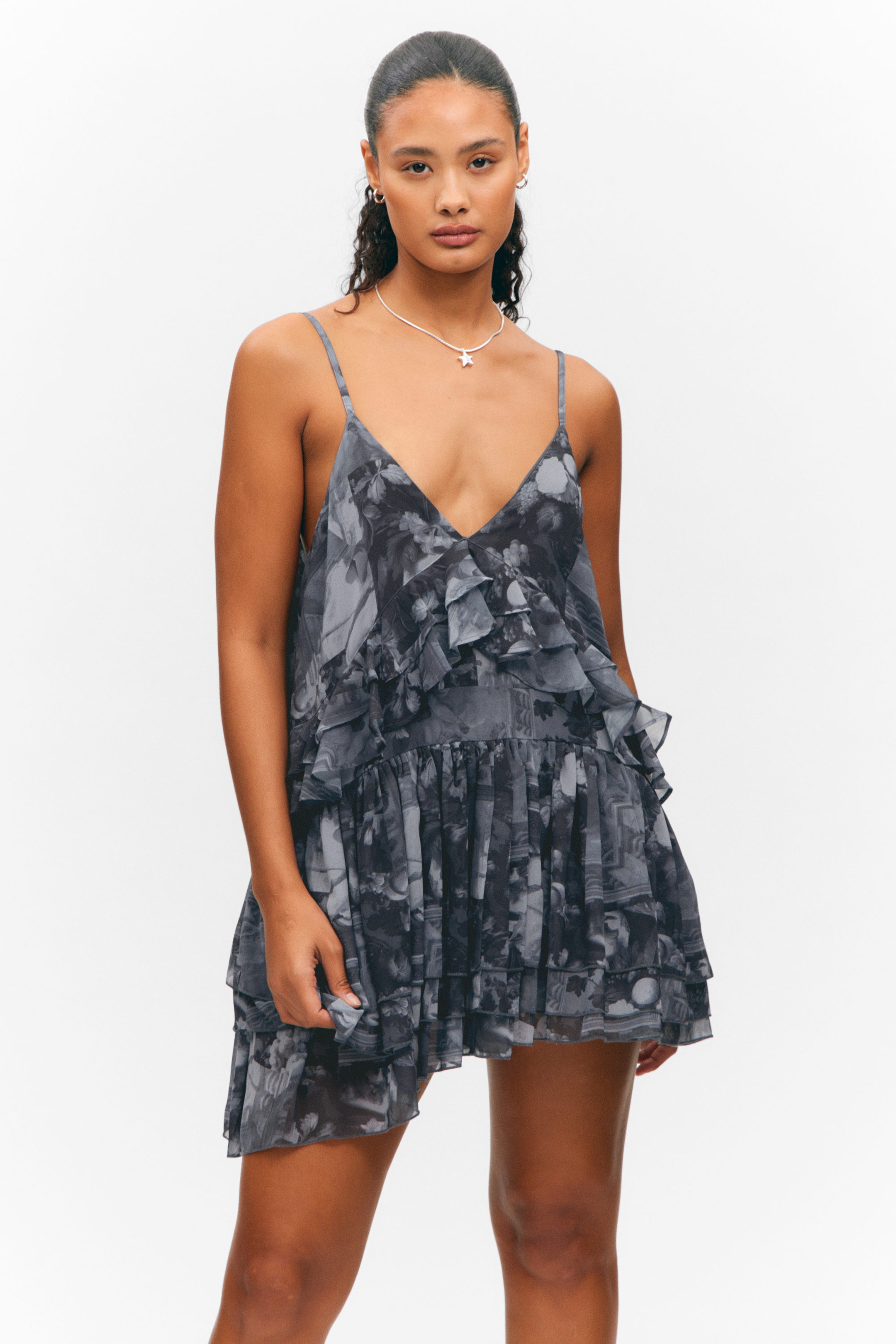 Dark Grey - Baroque Collage - Layered Ruffled Mini Cami Dress - 2
