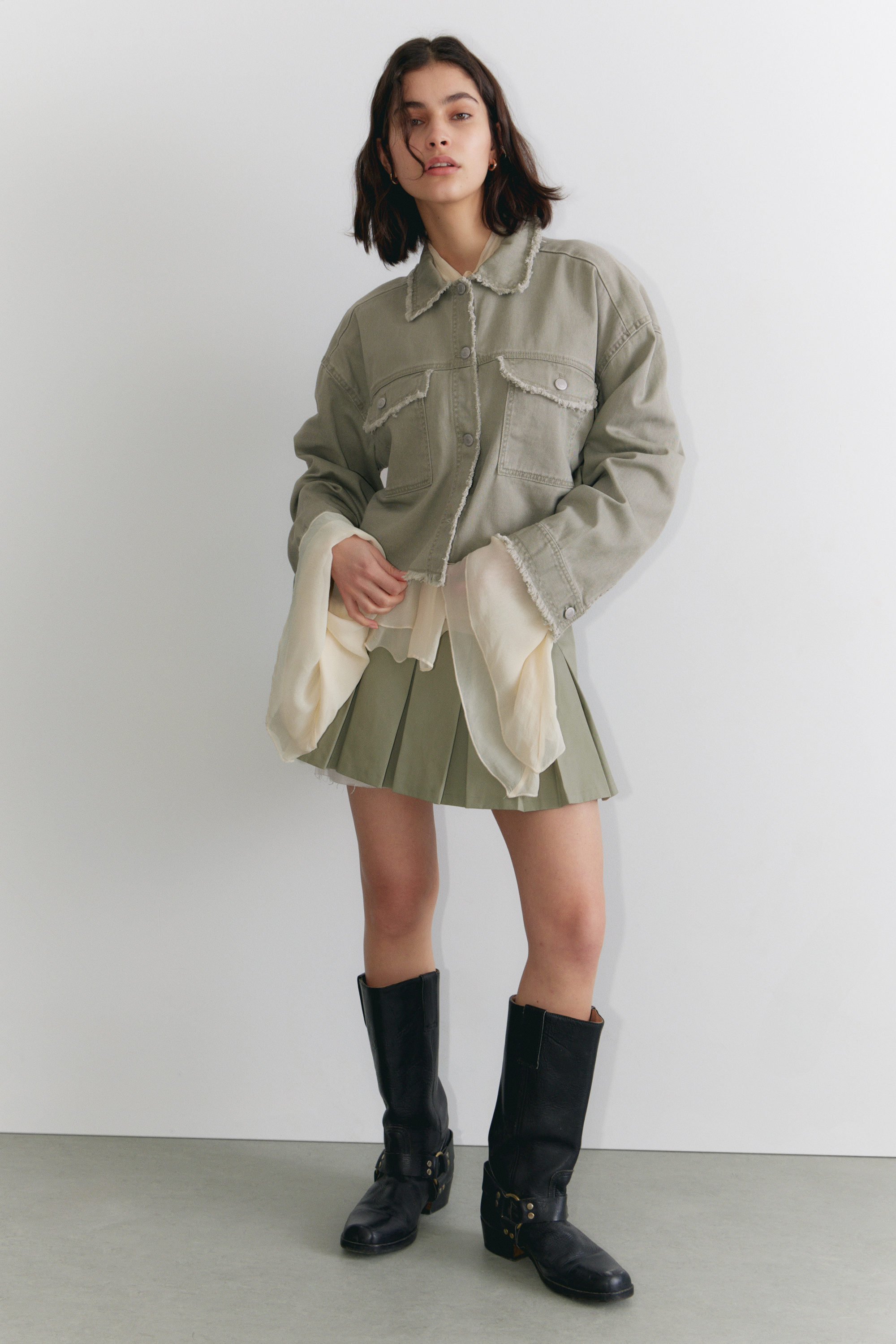 Khaki Green - Cropped Boxy Twill Jacket - 2