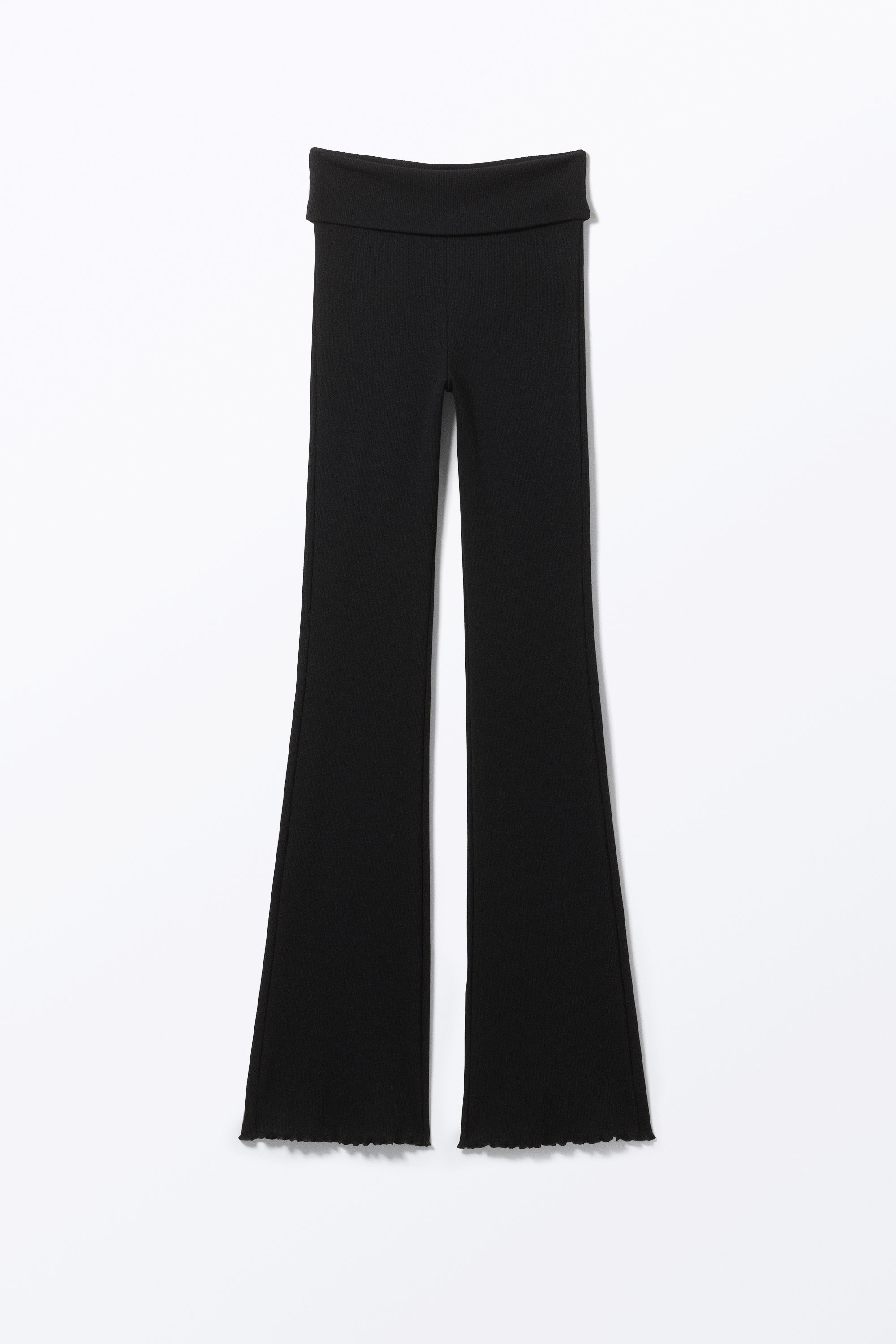 Black - Ribbed Fold-over Waist Flared Trousers - 3