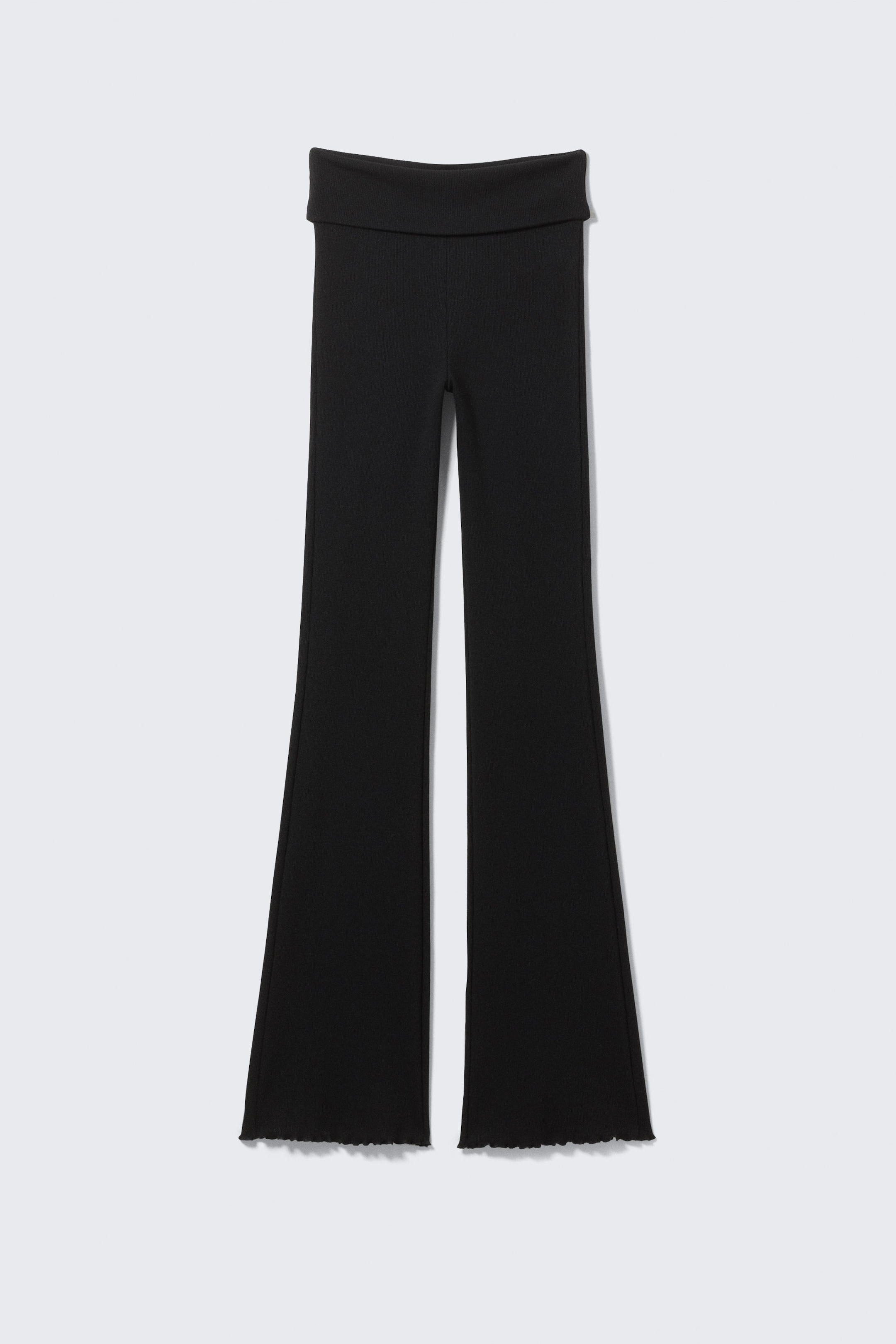 Black - Ribbed Fold-over Waist Flared Trousers - 1
