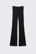 Black - Ribbed Fold-over Waist Flared Trousers - 0
