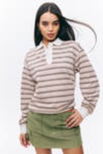Light Pink - Brown Stripes - Long Sleeve Rugby Polo Top - 0