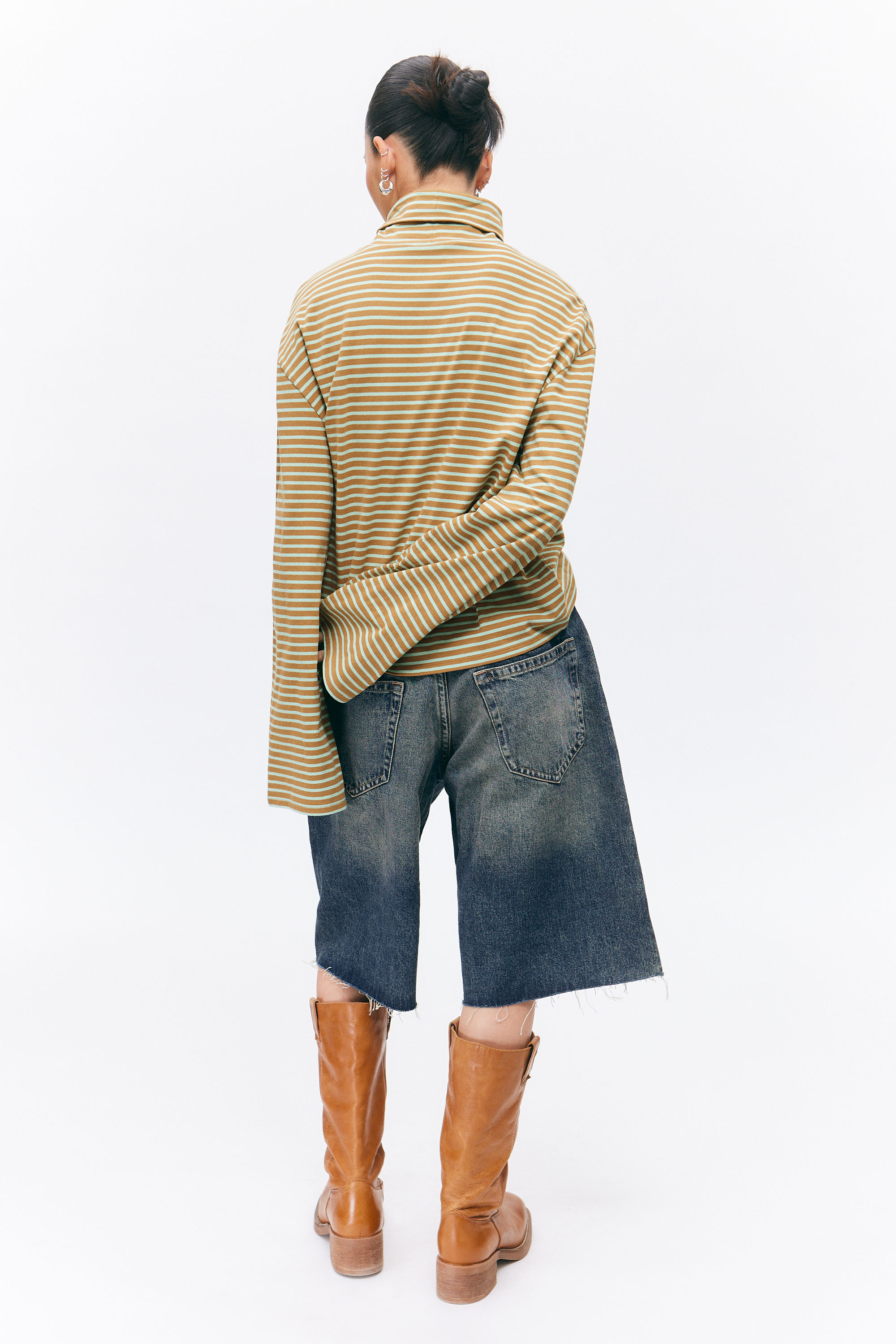 Mustard & Mint Stripes - Boxy Long-Sleeved Mock Turtleneck Top - 2