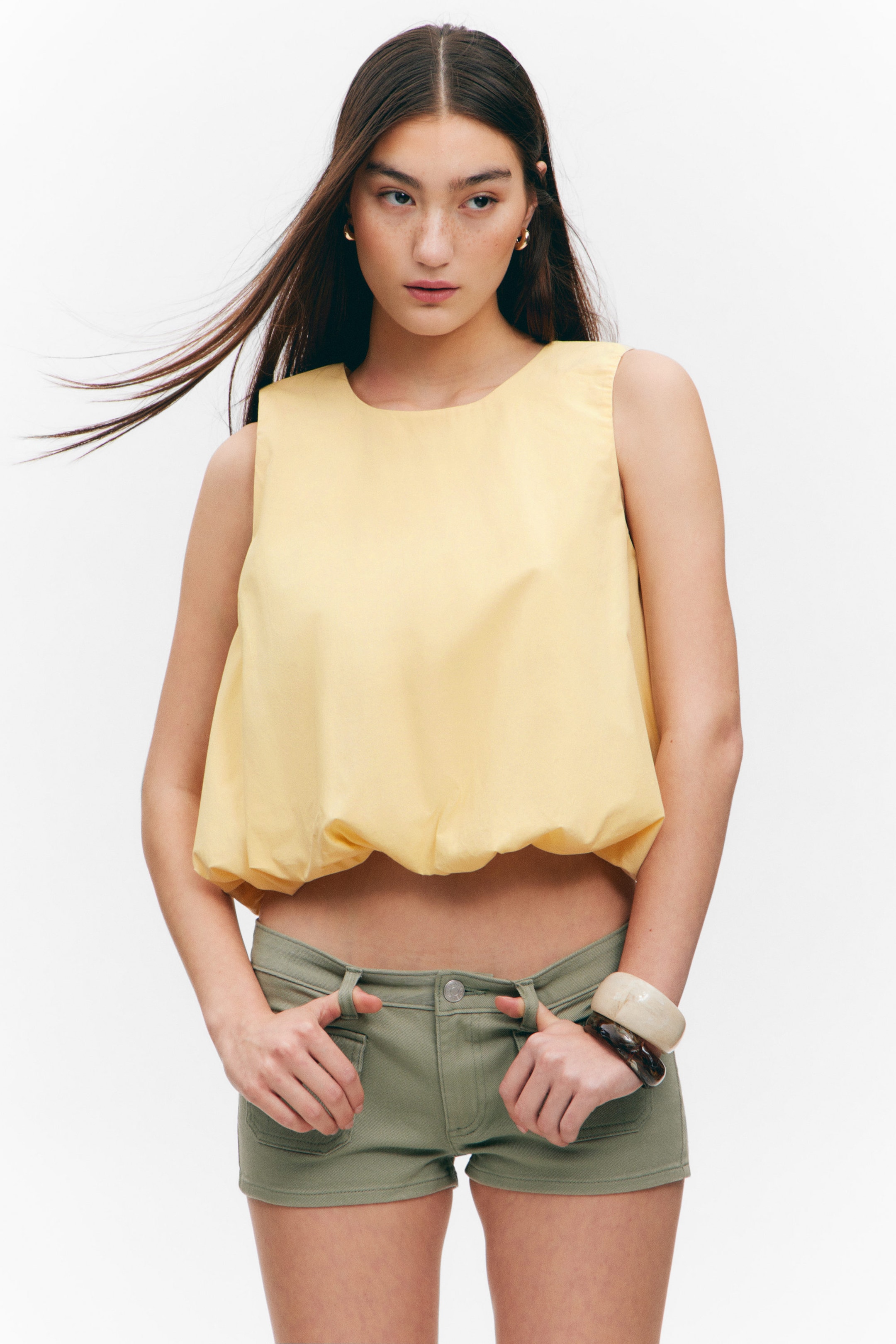 Light Yellow - Balloon Hem Sleeveless Poplin Top - 1