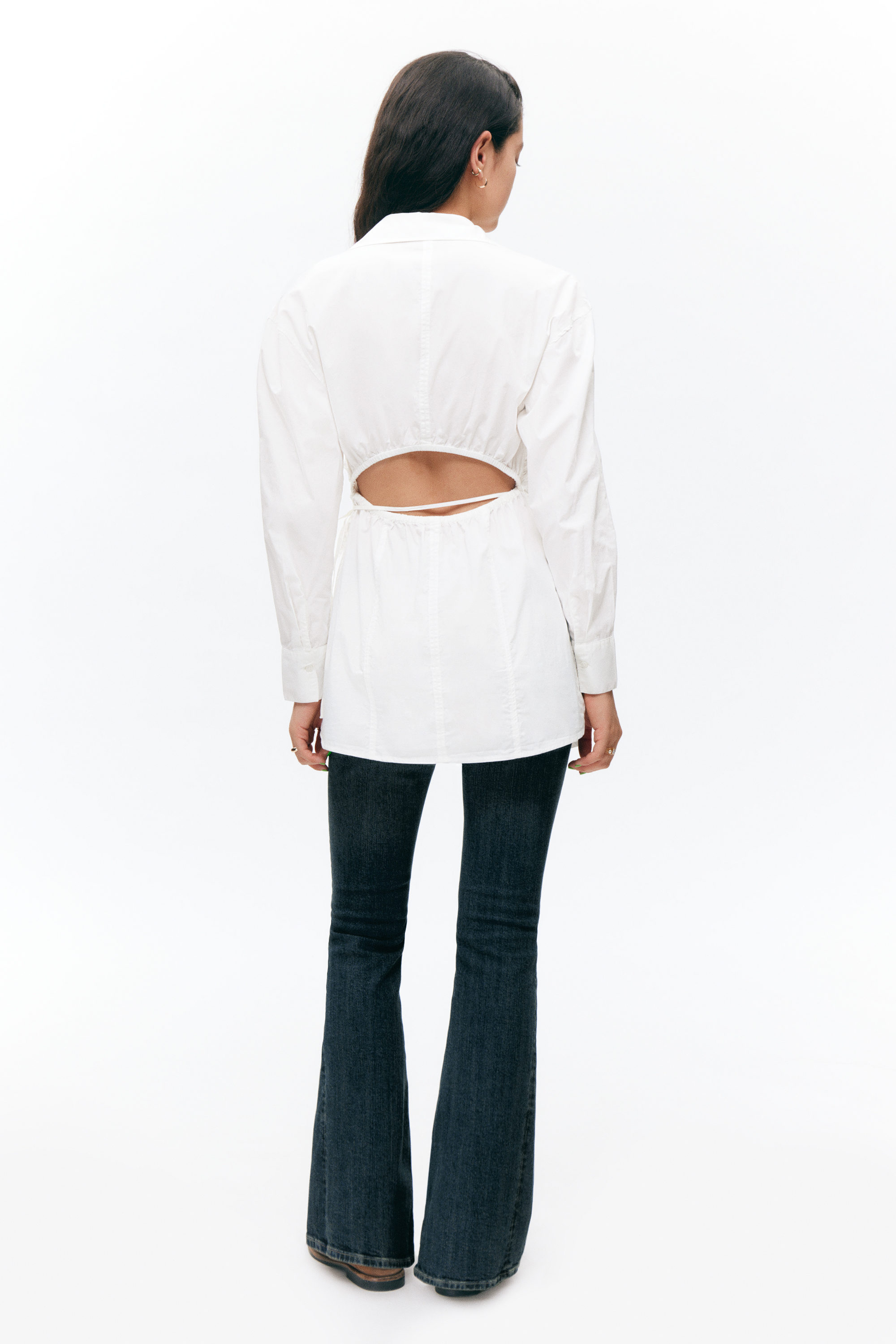 White - Long-Sleeved Mini Wrap Shirt Dress - 4